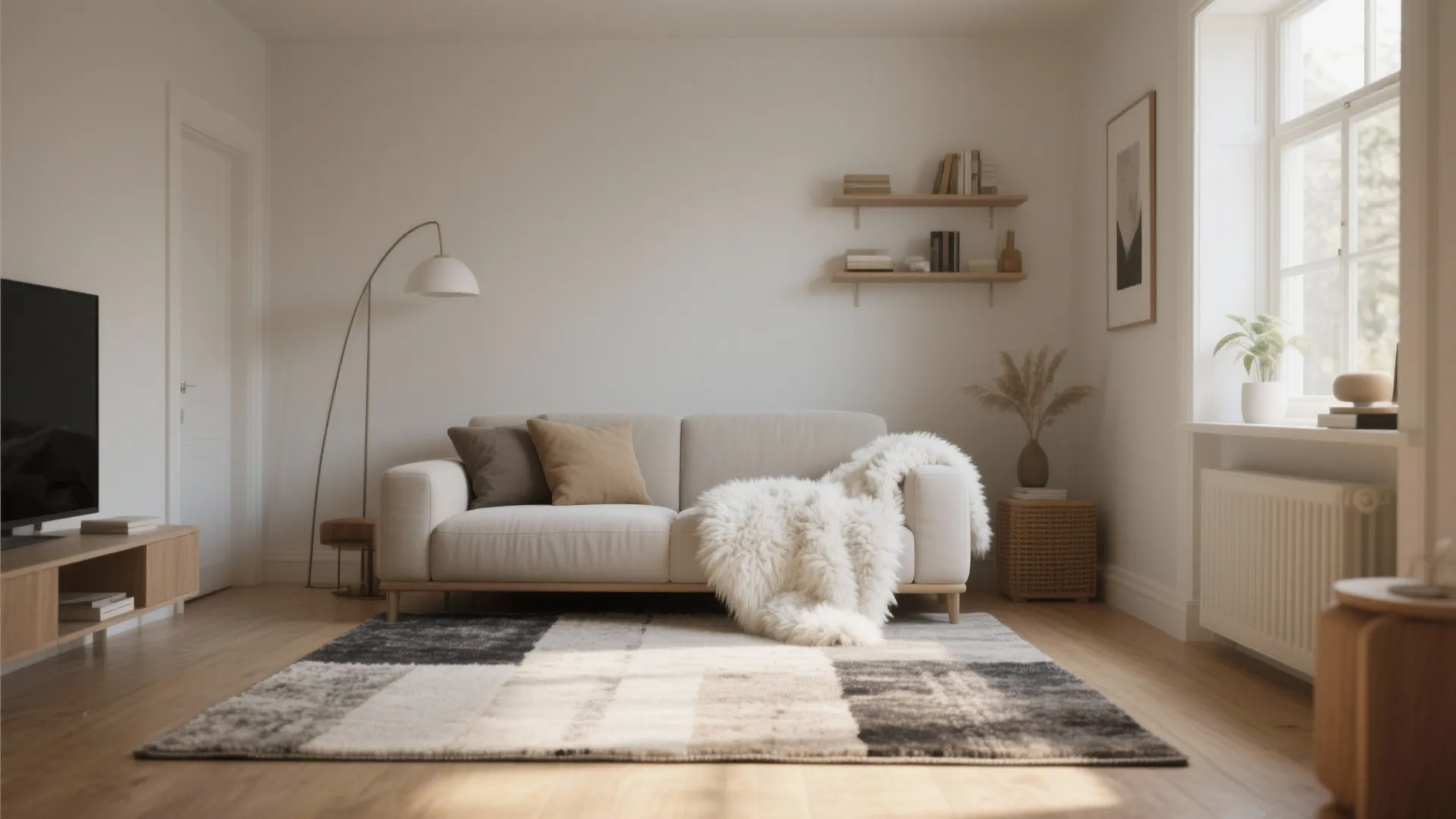 Living room rug layered with white sheepskin throw