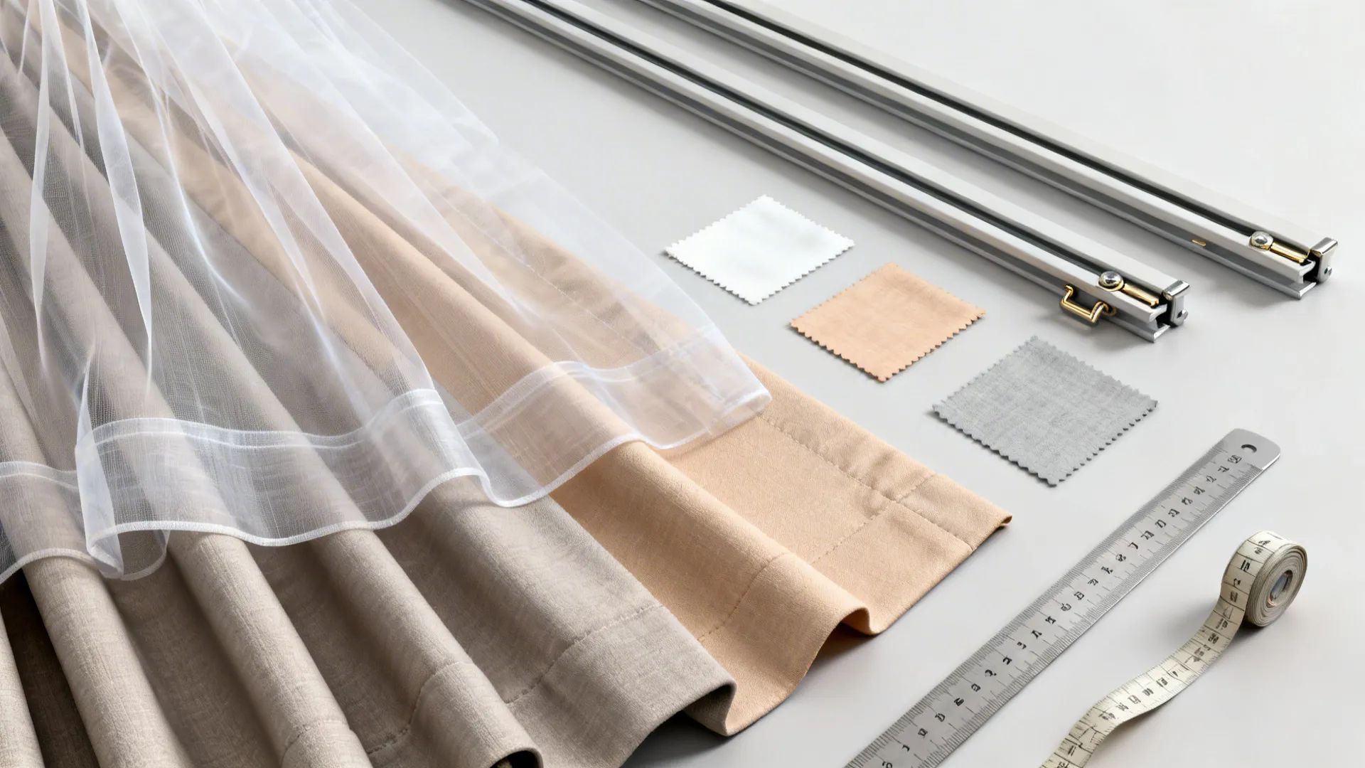 Top-down flatlay of sheer fabrics, blackout liners and slim double-track hardware samples