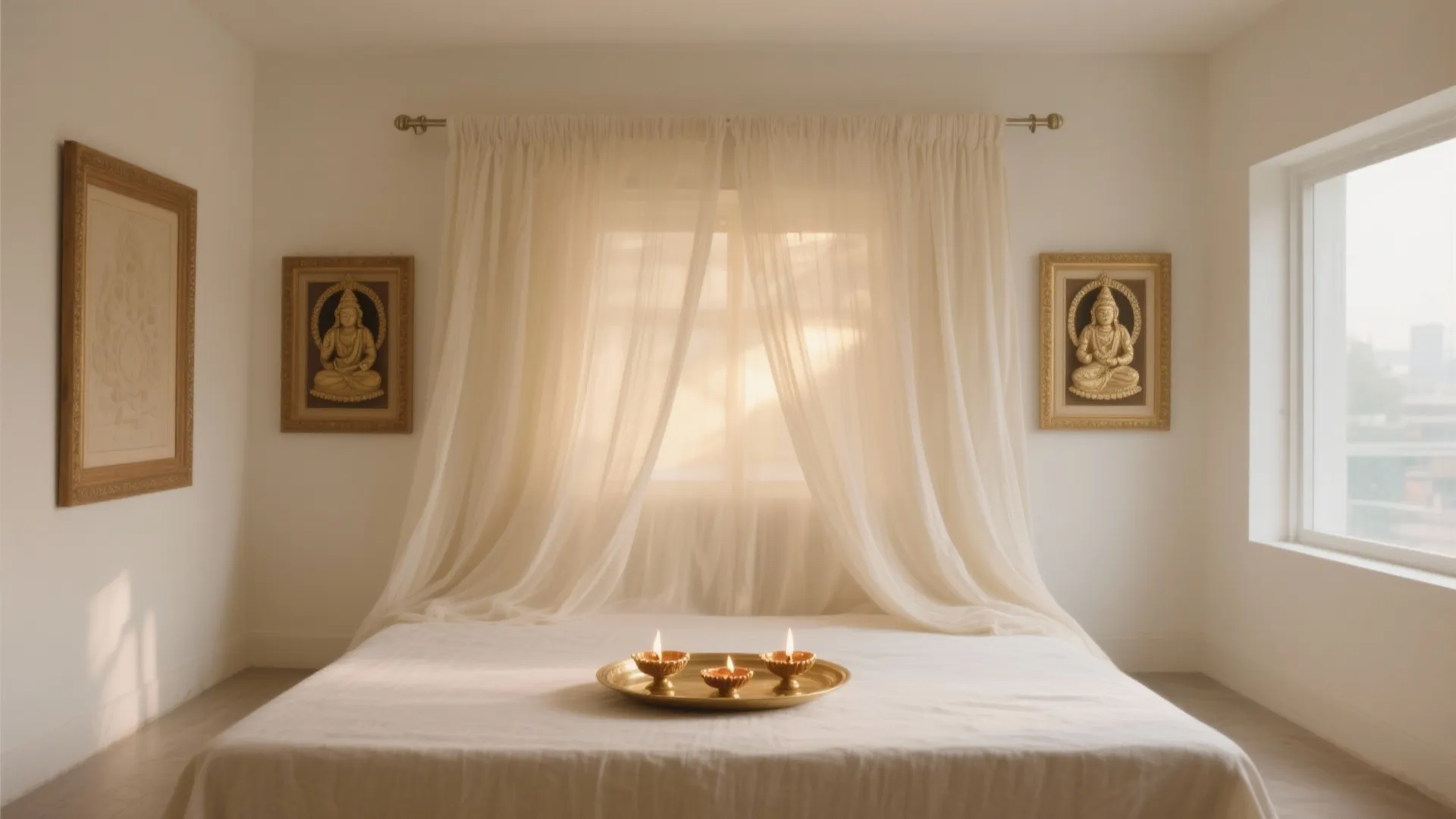 Sheer drapes layered over a matte backdrop