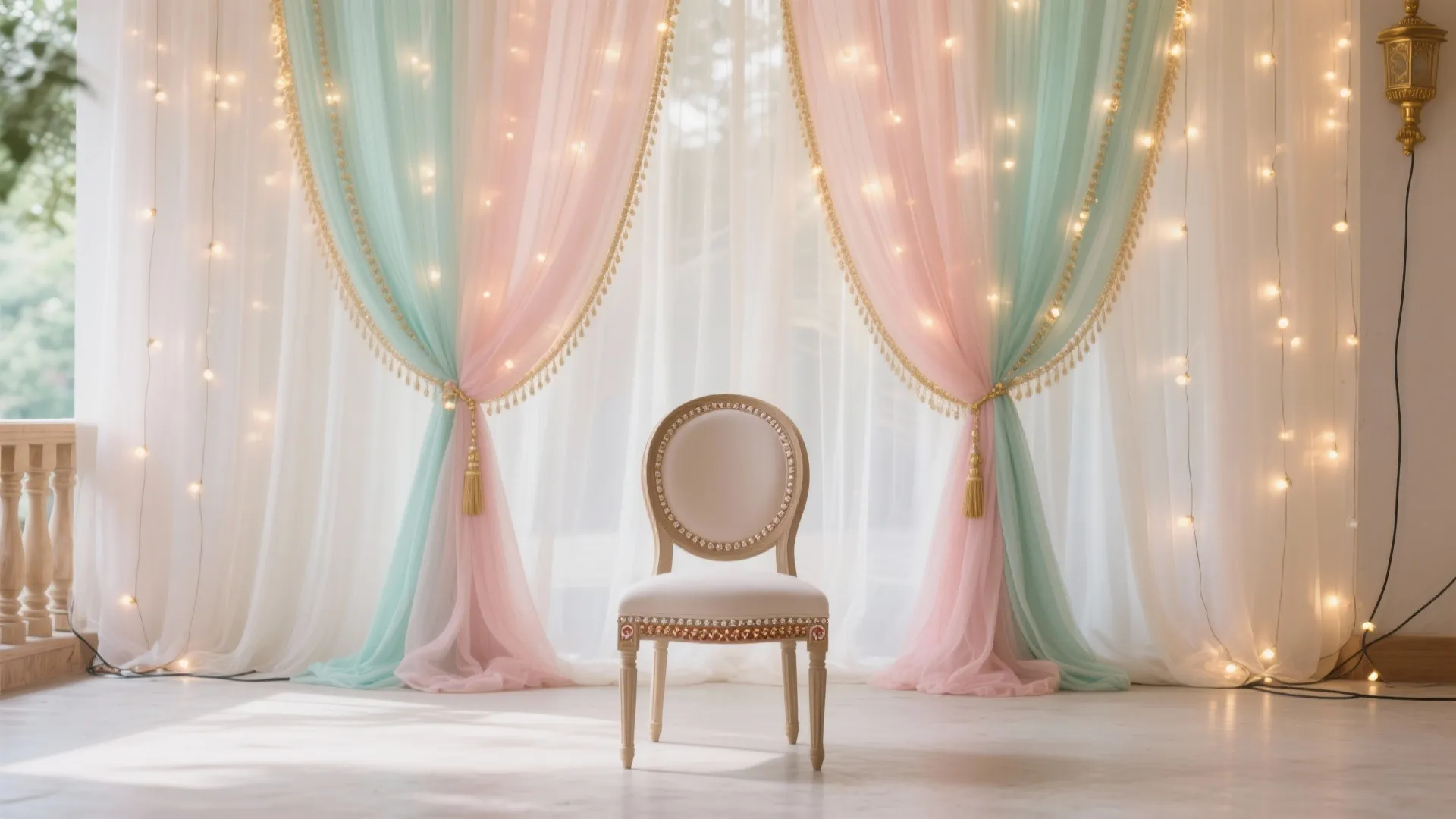Elegant white chair centered in front of pastel pink and blue curtains with small light bulbs