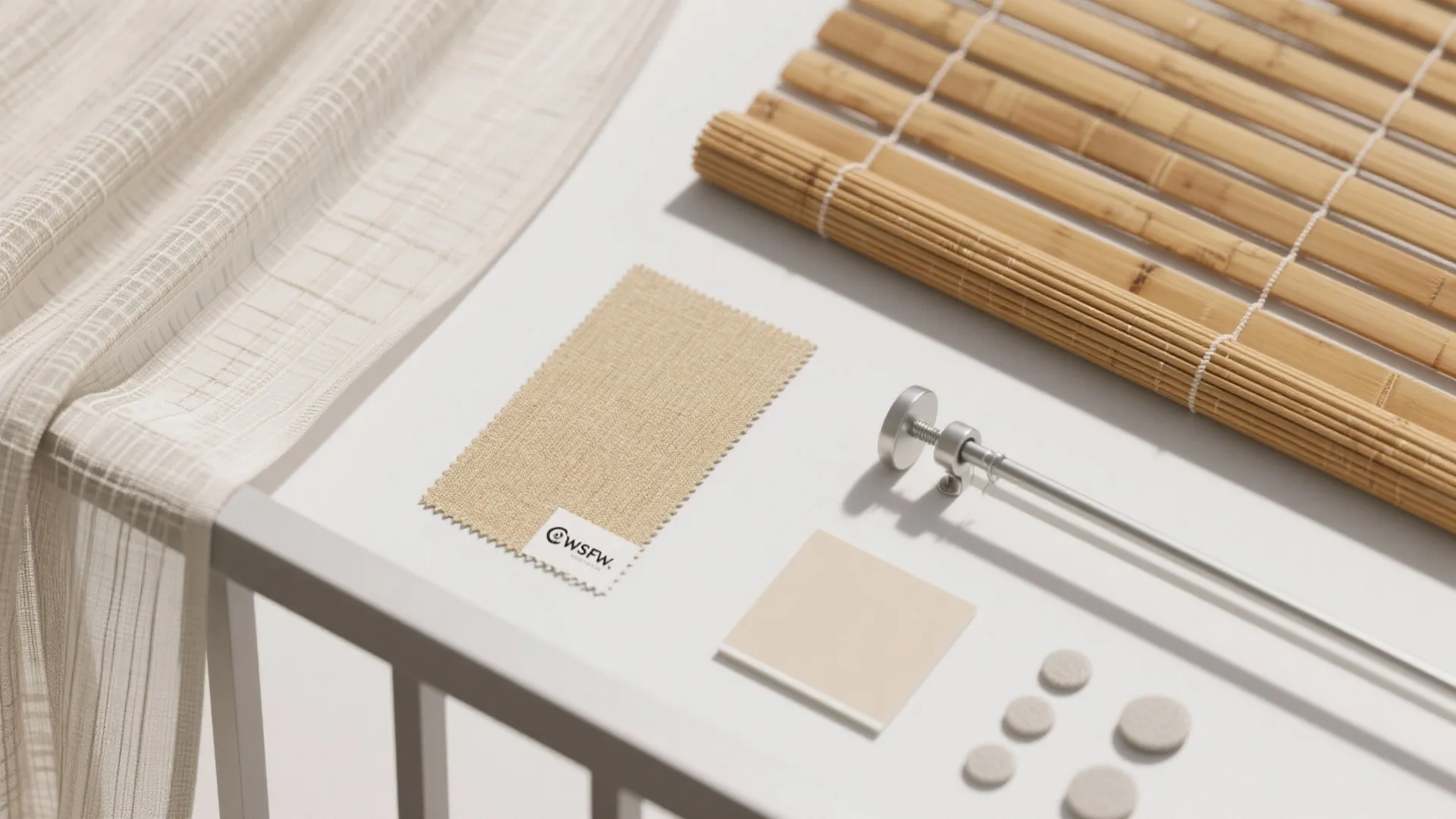 Flat lay of sheer fabric, bamboo slats, tension rod hardware, and anti-vibration pads in neutral tones.