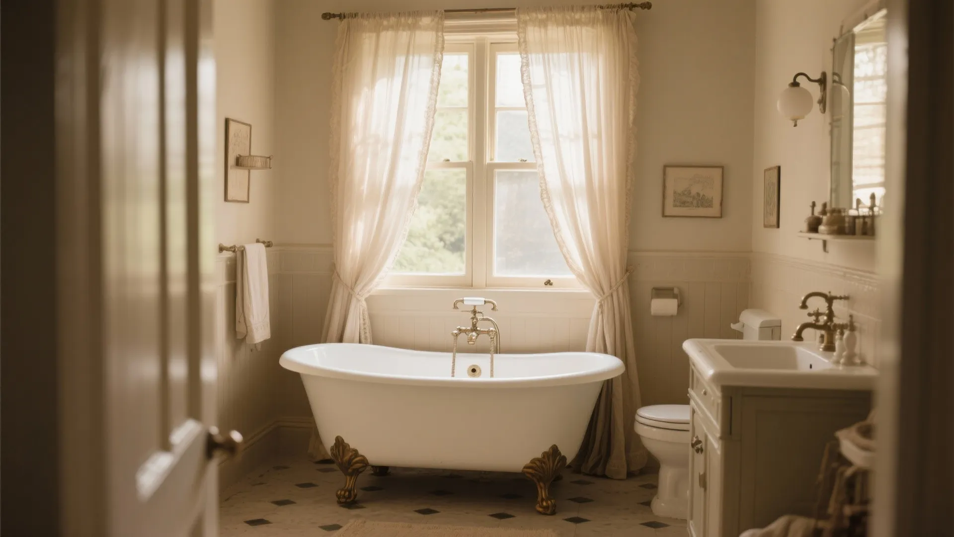 Vintage style bathroom with clawfoot bathtub white curtain on window wall light and tiled floor