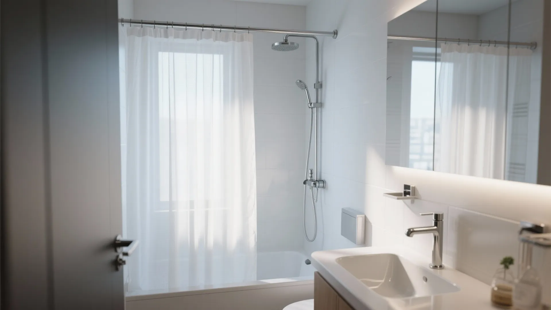 Small bathroom with sheer shower curtain for bright airy feel