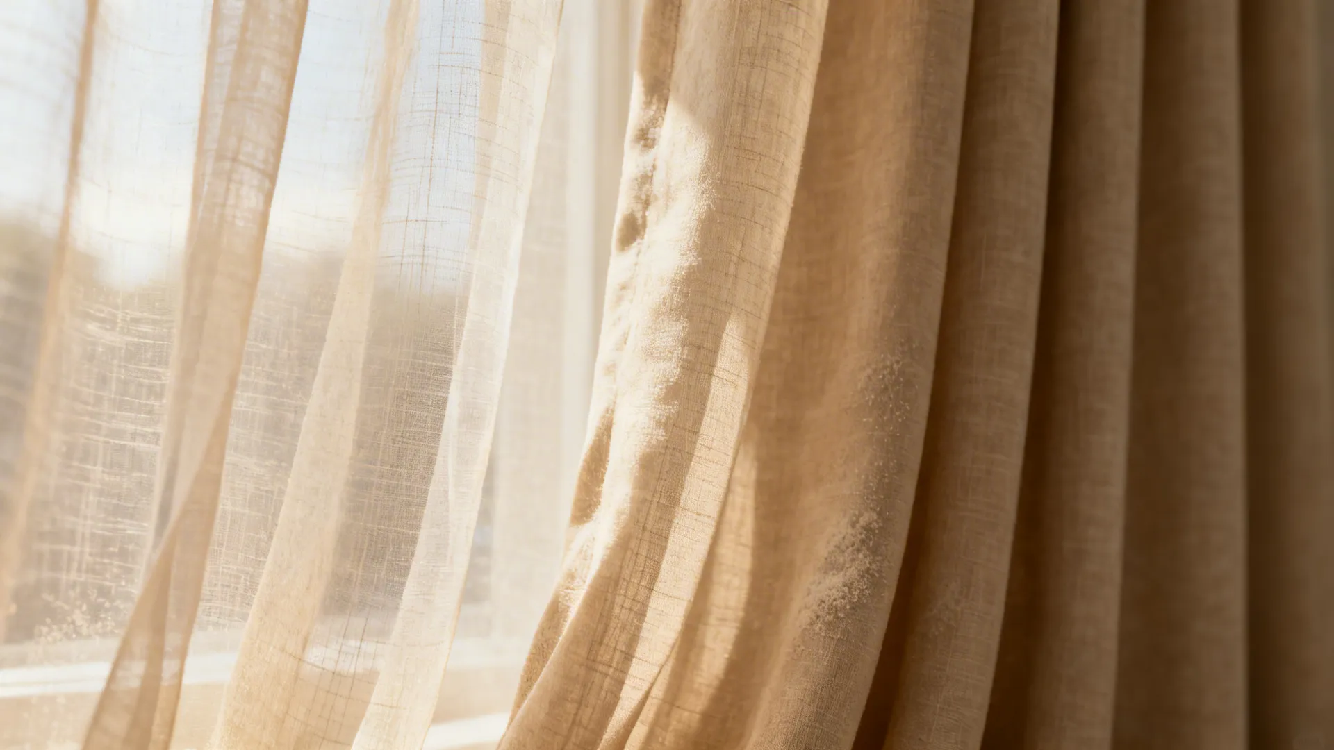 Close-up of translucent beige sheer layered with heavier beige curtain, soft daylight filtering through.