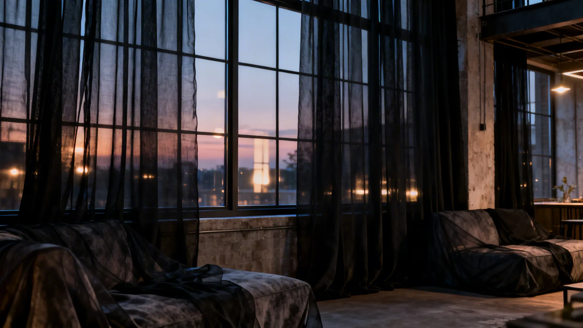 Dark industrial living room with large windows black sheer curtains and two sofas during sunset