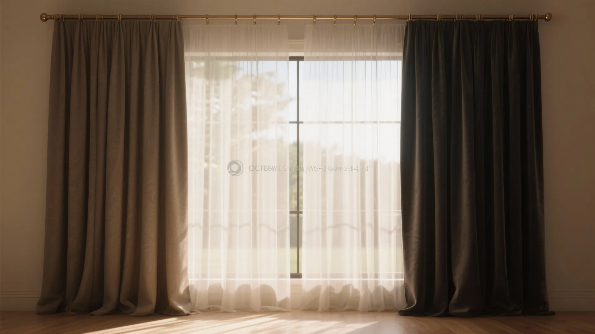 Living room window featuring layered white sheer curtain and thick brown blackout curtain on rod