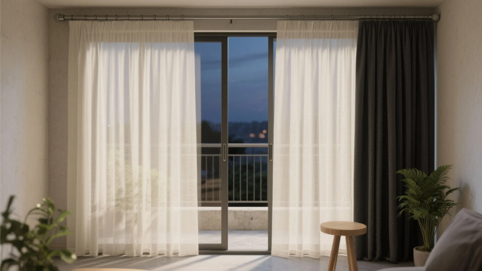 Dual-layer balcony curtains with airy sheers closed and blackout panels stacked back on a slim ceiling track.