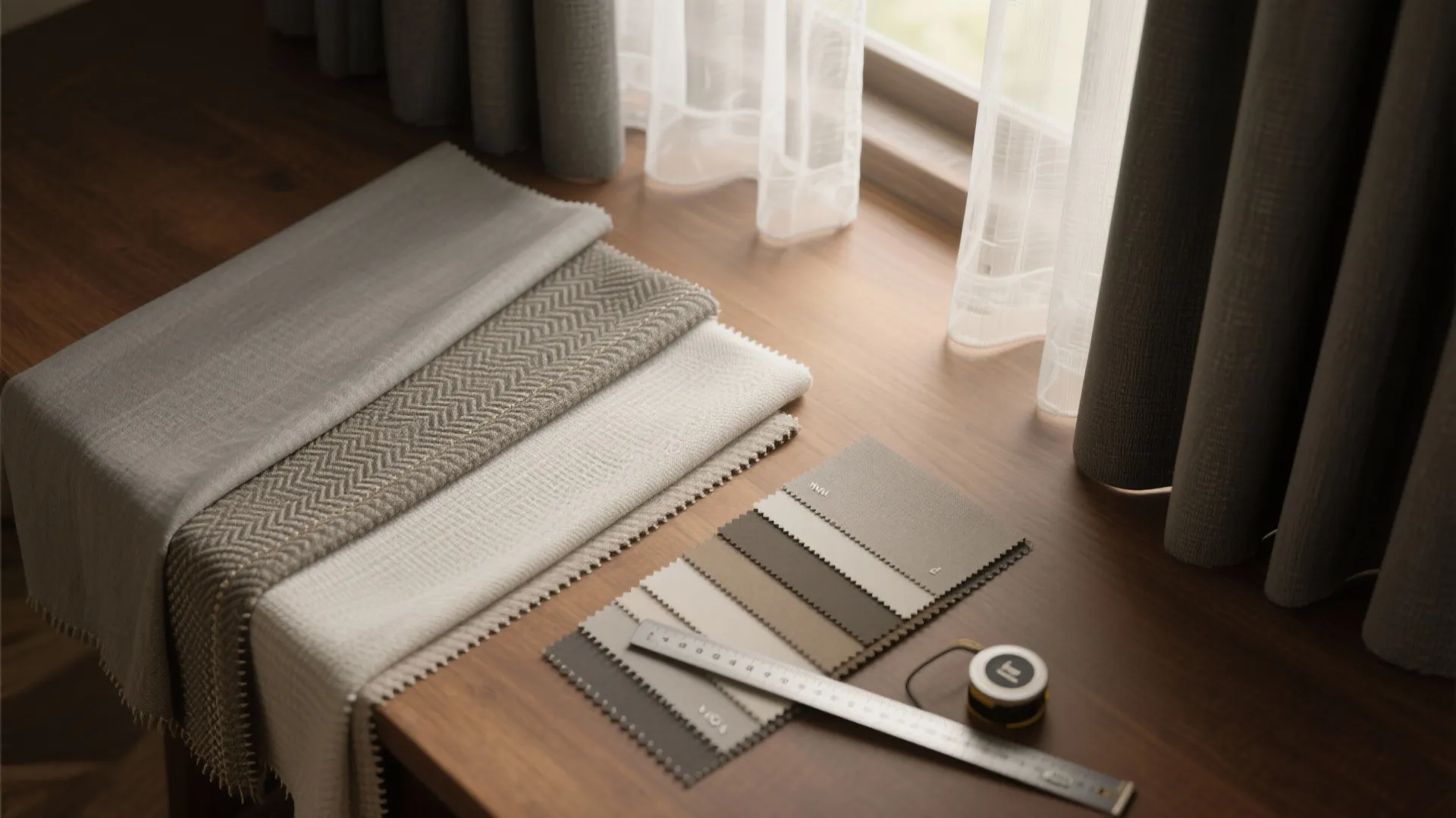 Fabric color samples and ruler placed on a wooden table next to grey window curtains