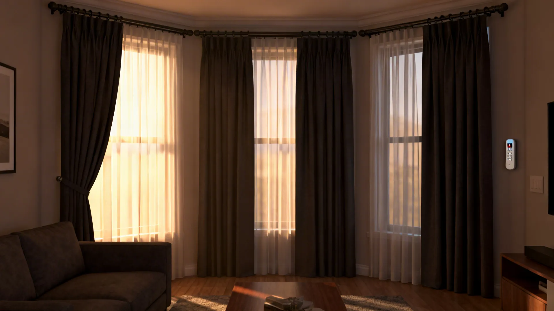 Layered sheer and blackout curtains on double tracks across three windows with motorized control.