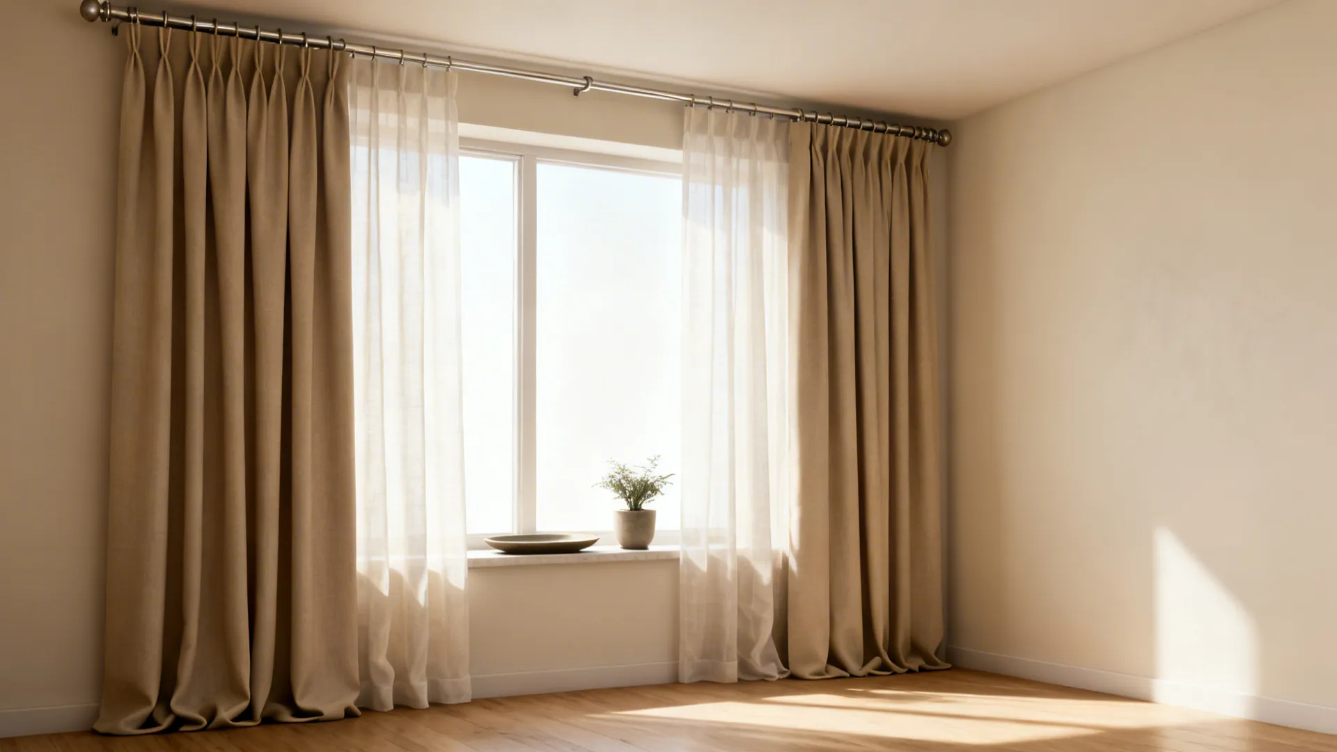 South-facing living room with inner sheers and outer blackout curtains on double rods.