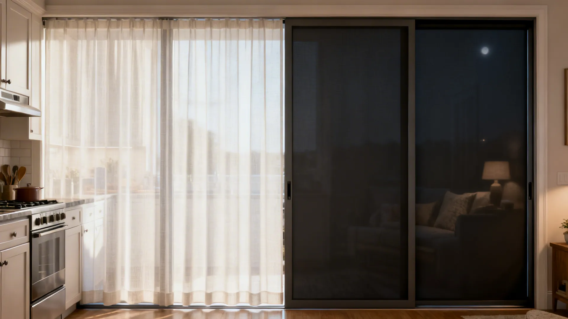 Day mode with sheers and night mode with blackout panels on a sliding kitchen door.