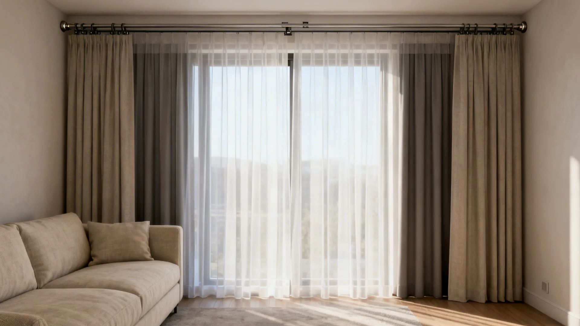 Small living room window with floor-to-ceiling sheer and hidden blackout curtains on a double-track system