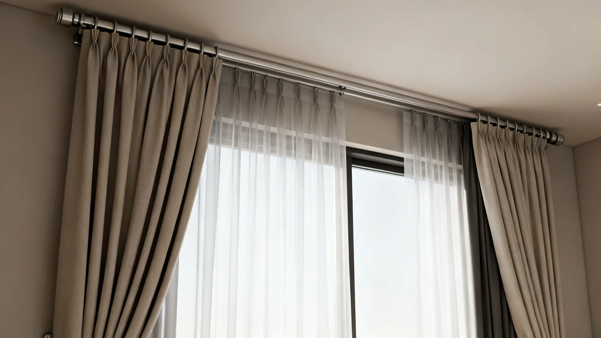 Double curtain rod holding brown fabric curtains and white sheer curtains in a modern room