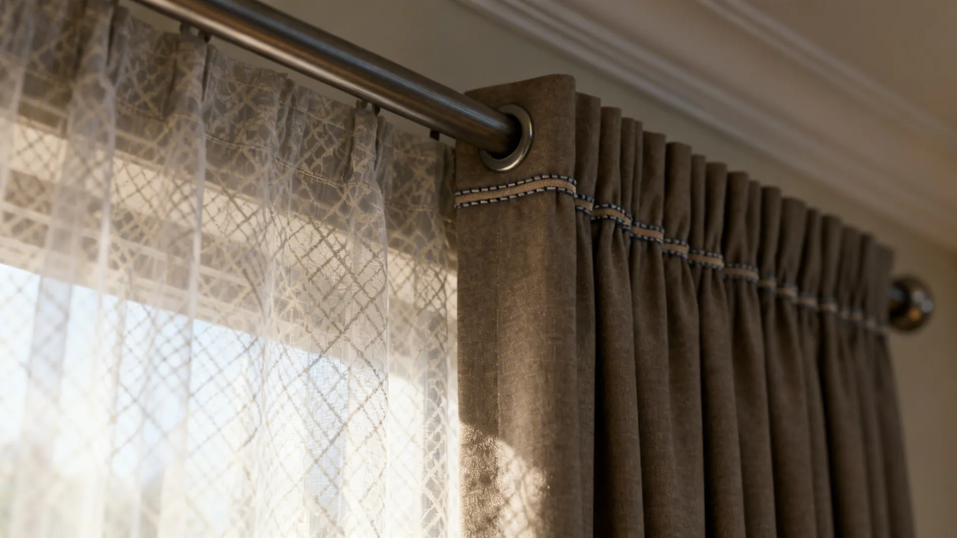 Brown fabric curtains and white lace curtains hanging on a metal rod for a window