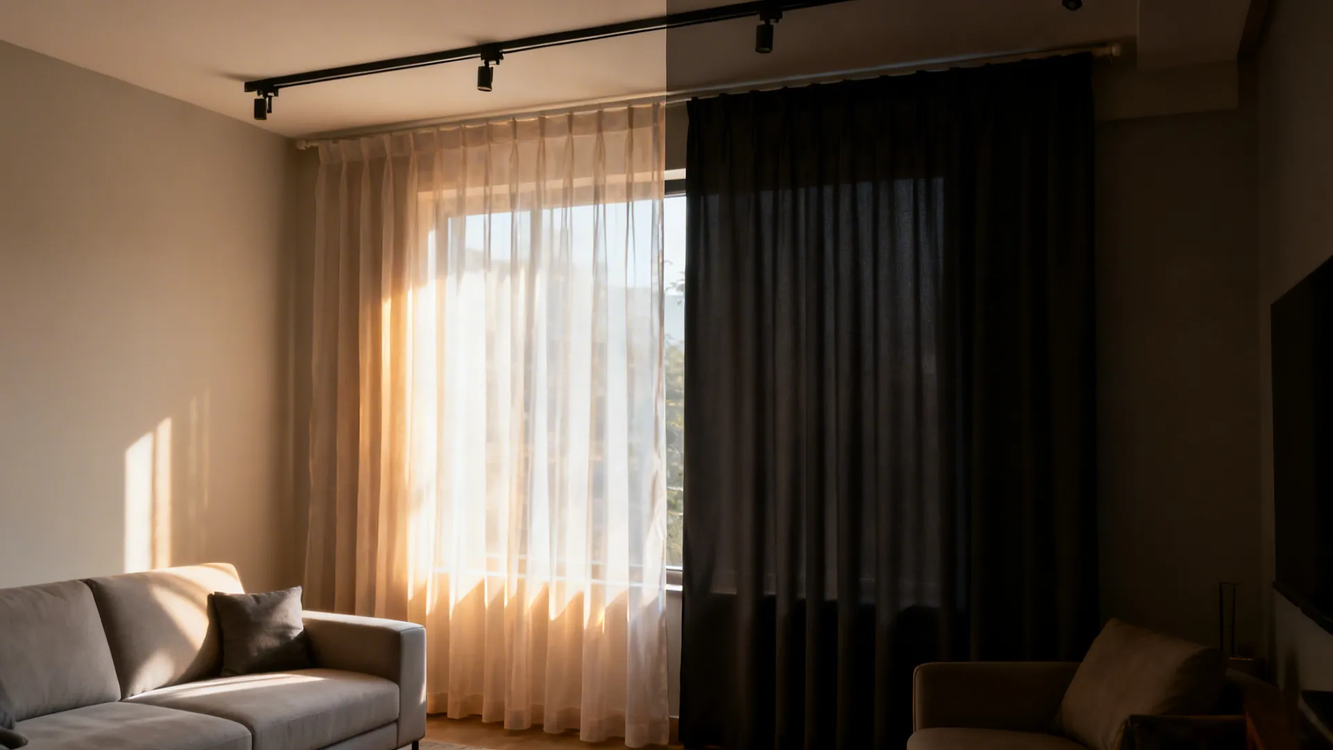 Split view showing sheer curtains by day and blackout drapes drawn for darkness in a modern Indian living room.