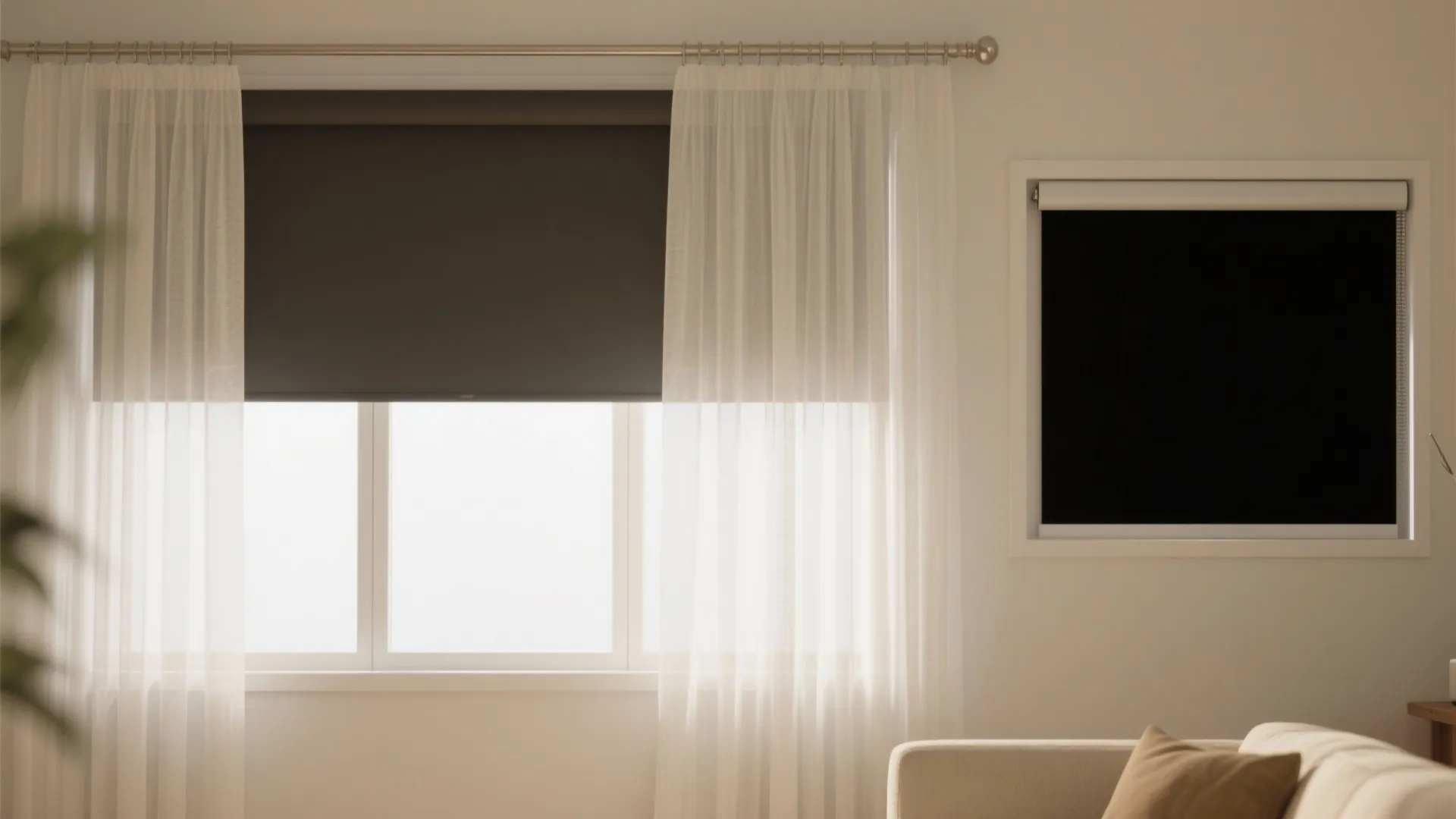 Living room window showing layered white sheer curtains combined with black blackout roller blind shades