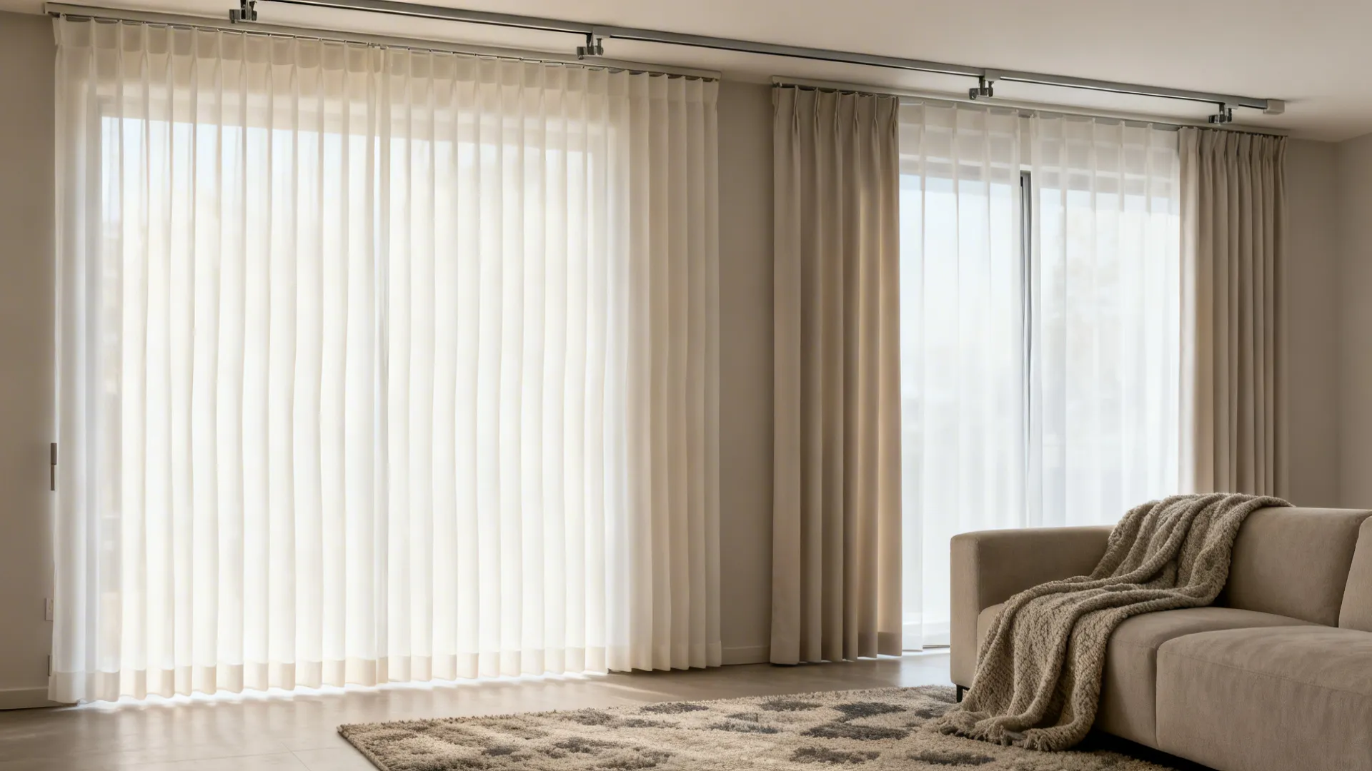 Ripple-fold sheers layered with discreet blackout panels on slim ceiling tracks.