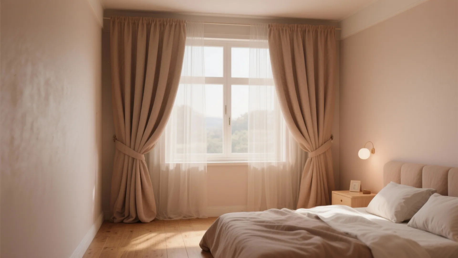 Bright bedroom interior with window covered by white sheer curtains and heavy beige fabric curtains
