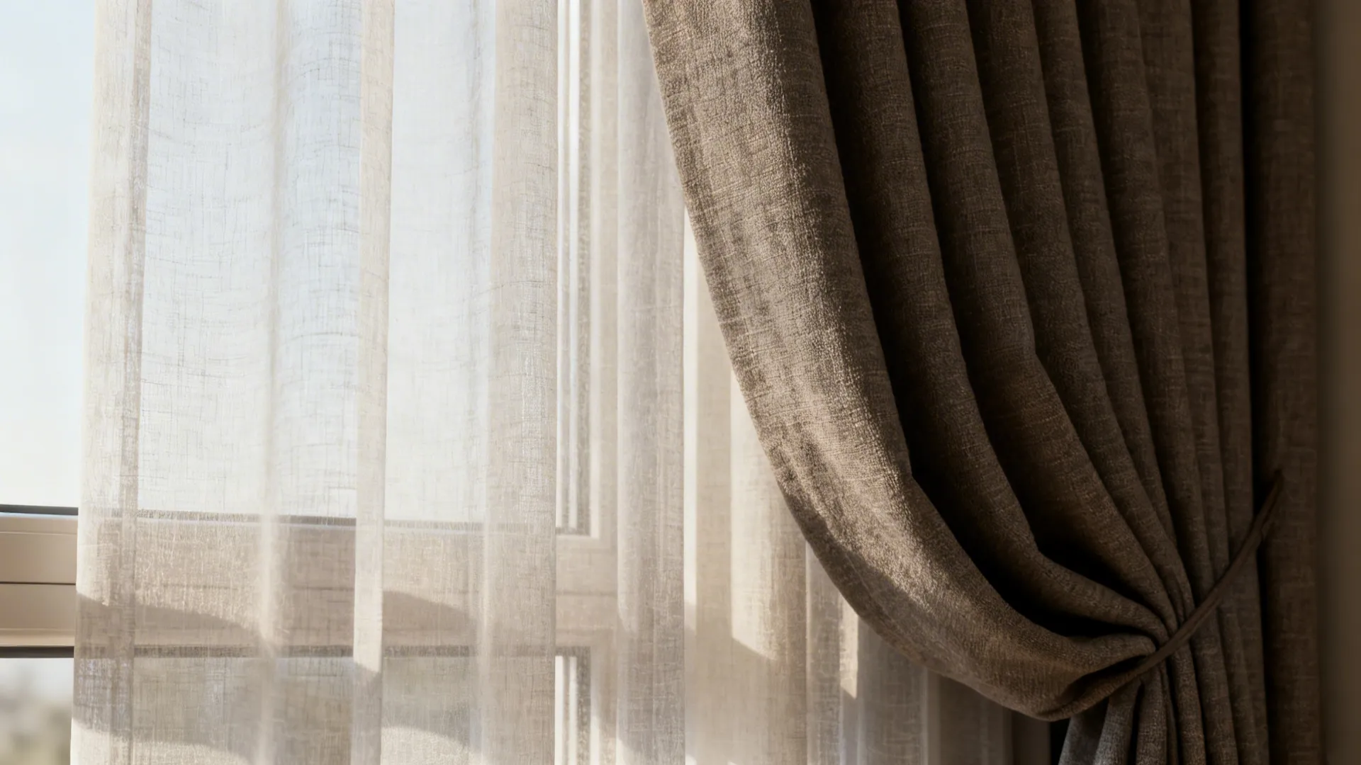 Close-up of layered sheer and blackout curtains showing fabric texture and light control.