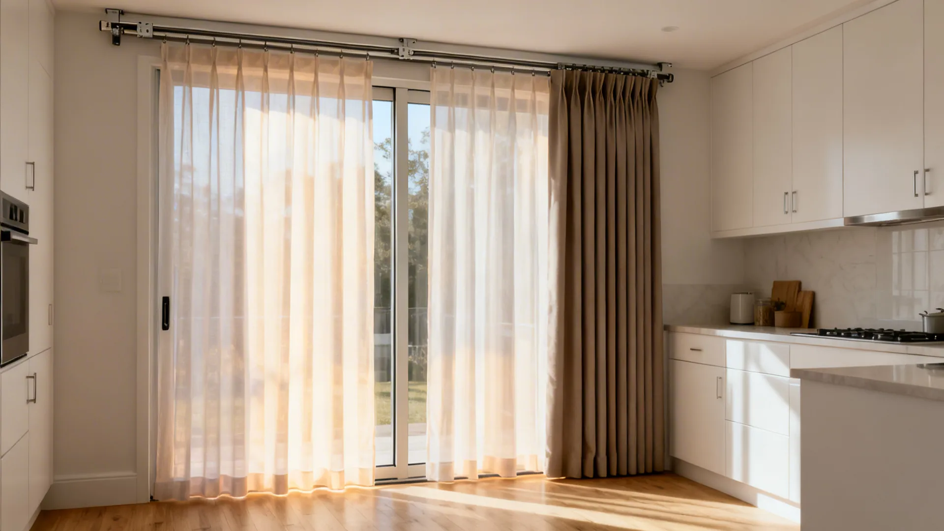 Dual-track sheer and blackout layers on a kitchen sliding door balancing light and privacy.