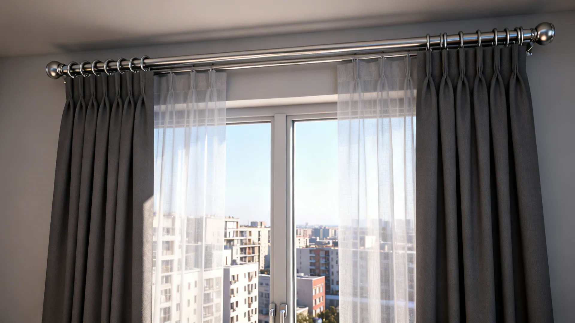 Window with sheer inner curtain and blackout outer panel on double rod, showing controlled daylight and privacy.
