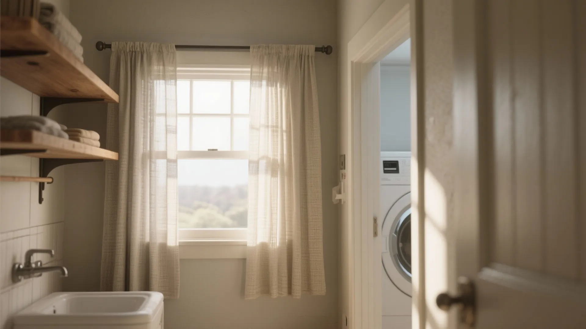 Bright laundry room featuring white sink, wooden shelves, light curtains, and washing machine through doorway