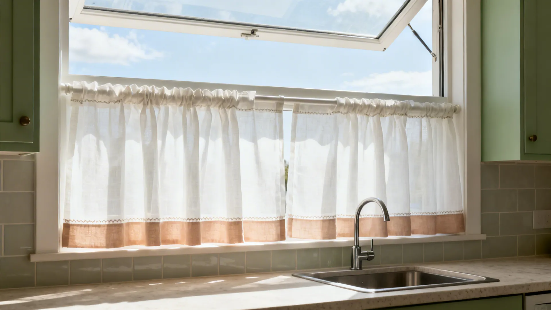 Small kitchen sink window with sheer café curtains and a tailored bottom band.