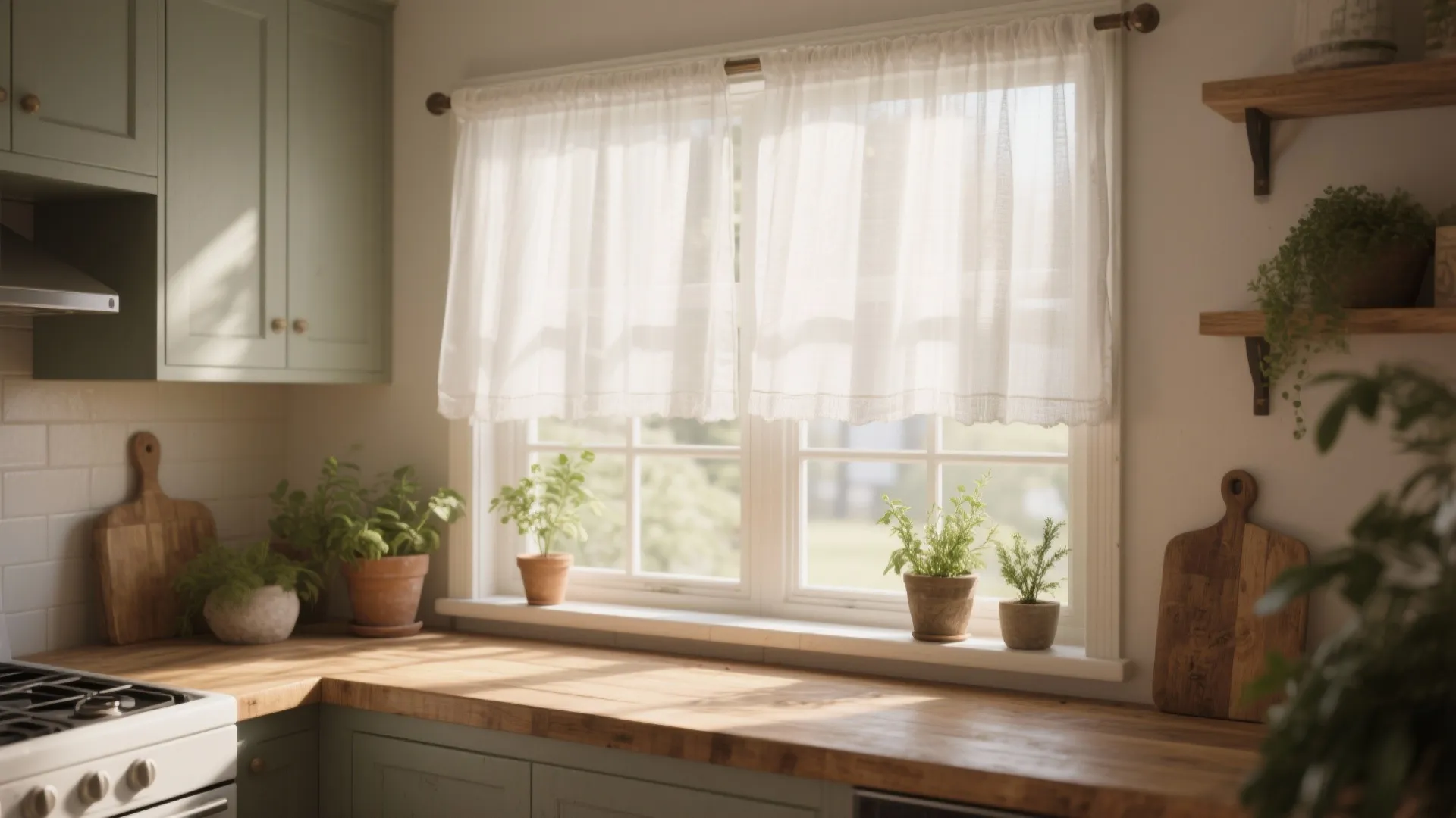 Green kitchen cabinets with wood countertop small potted plants and white sheer curtain on window