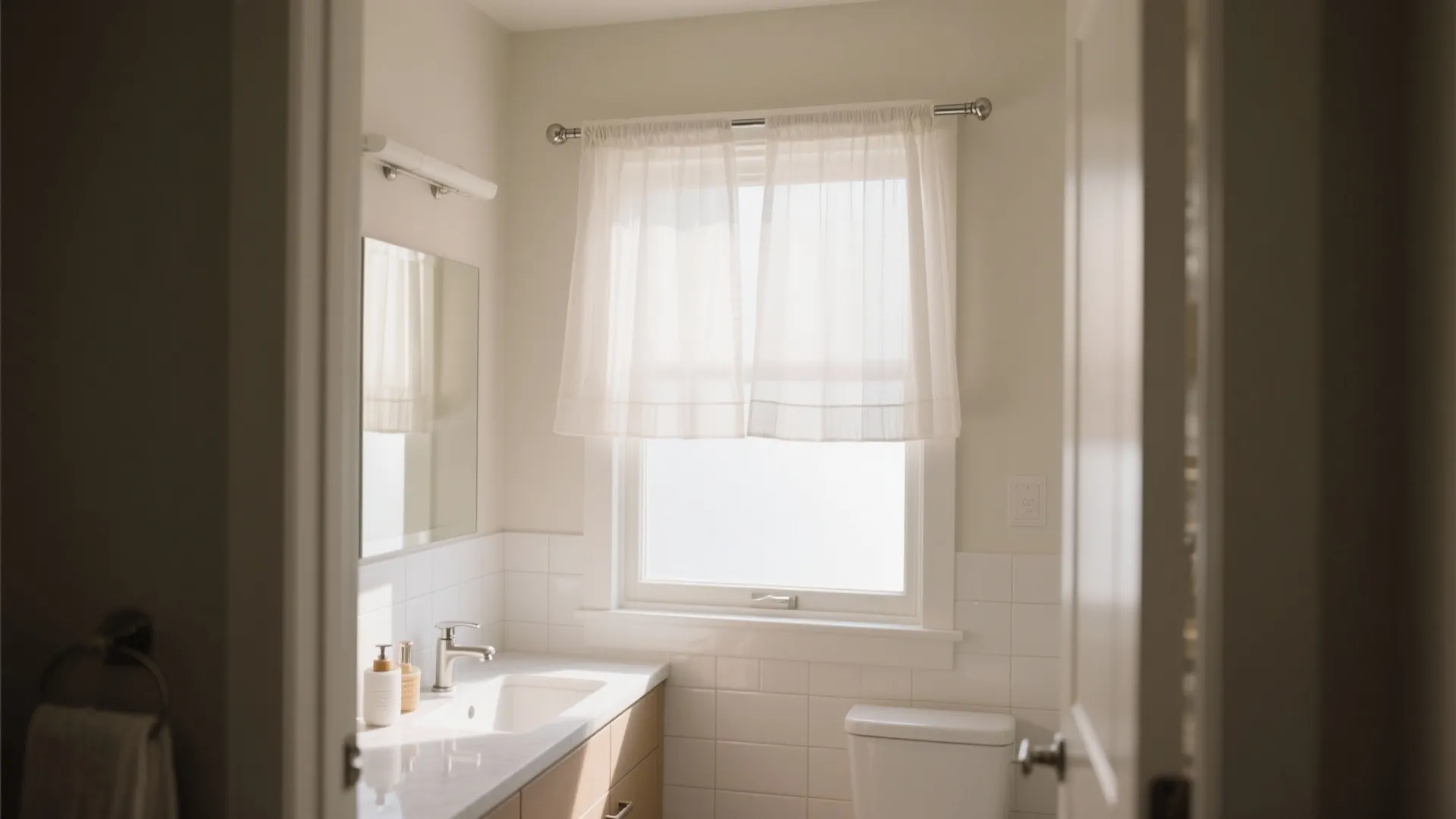 Bright bathroom interior with white wall tiles white sink wooden cabinet and white window curtain