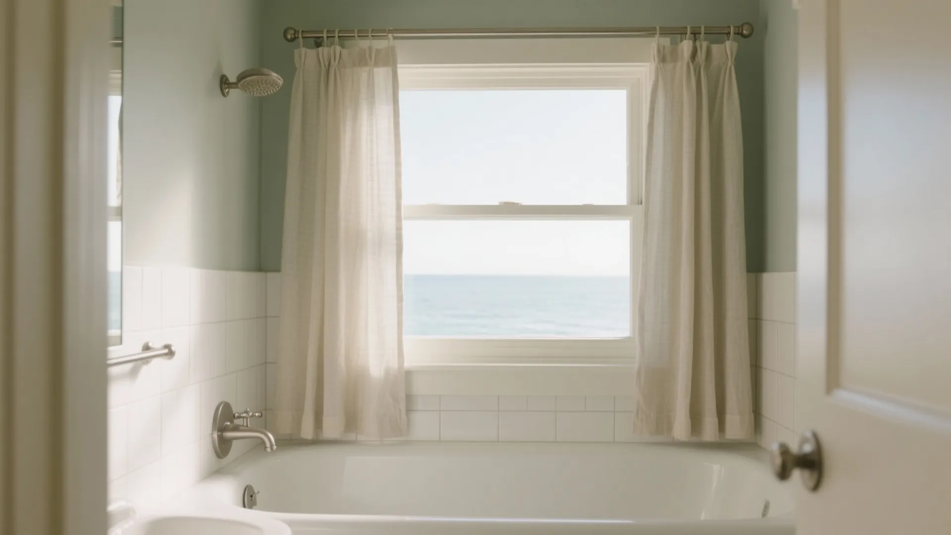 Small bathroom window above tub with half-height sheer café curtains and a tiny valance for daylight and privacy.