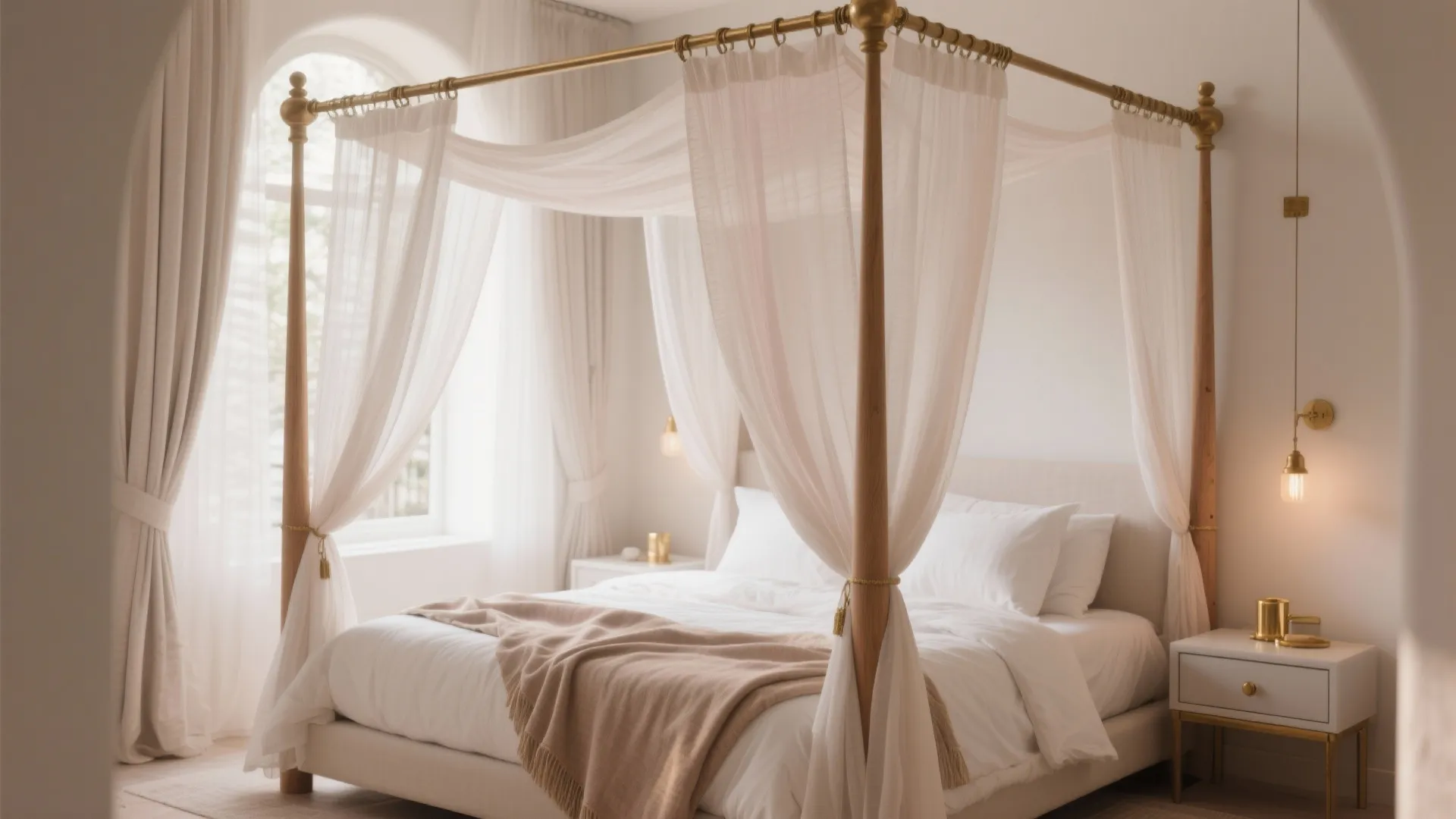 Elegant bedroom with wooden four poster bed white curtains gold wall light and white bedding