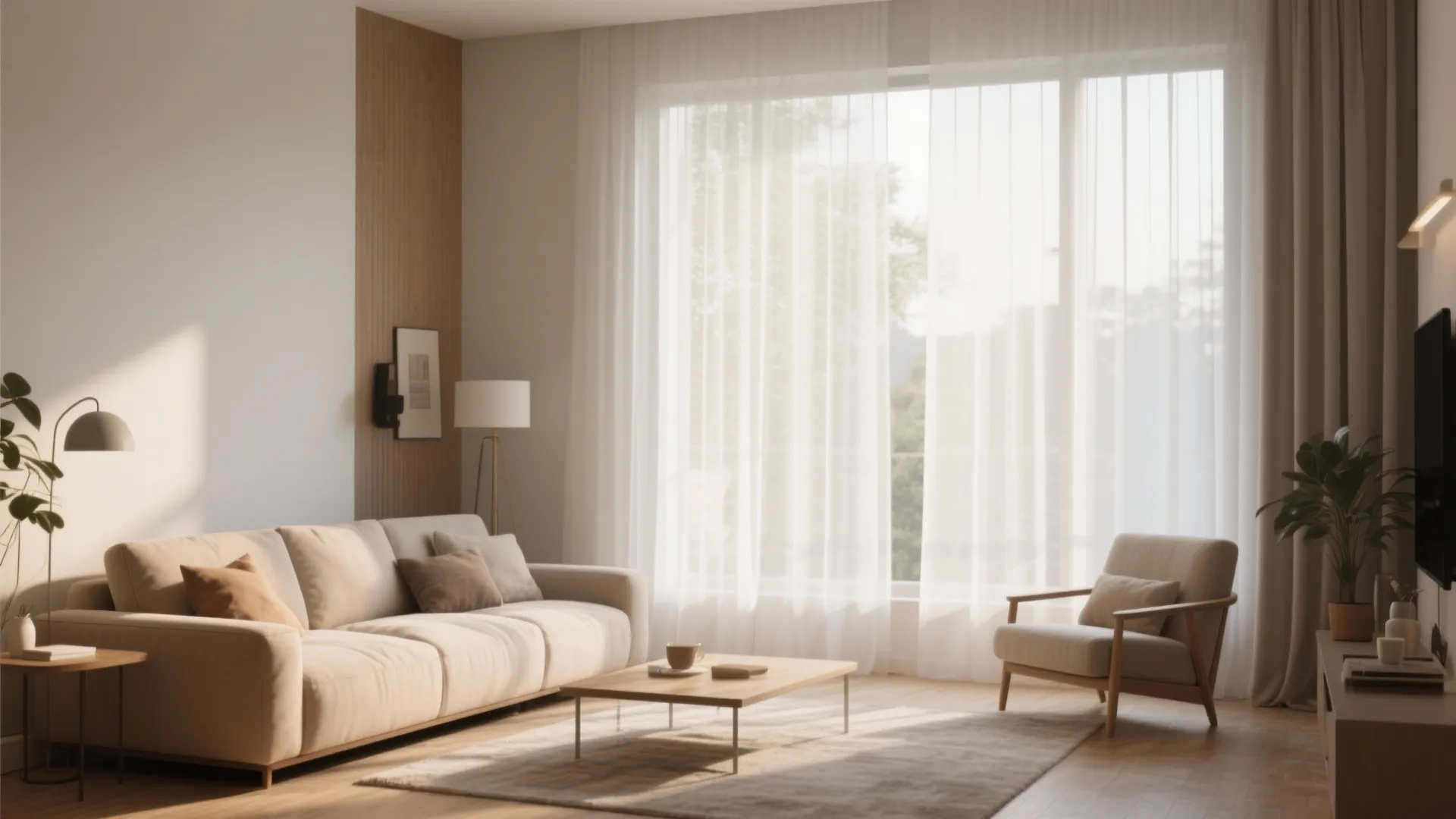 Modern living room featuring a beige sofa wooden coffee table and light sheer white window curtains
