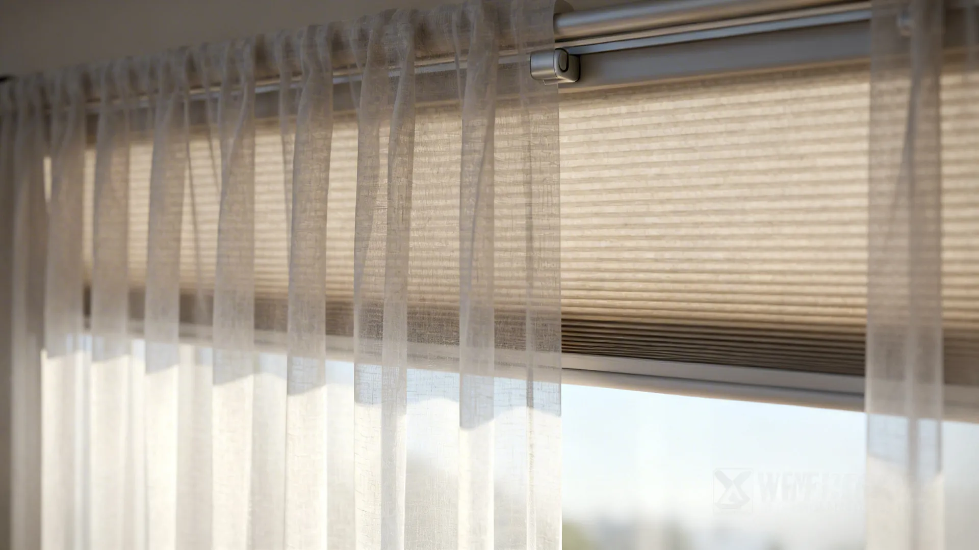 1. Sheer panels layered with cellular shades