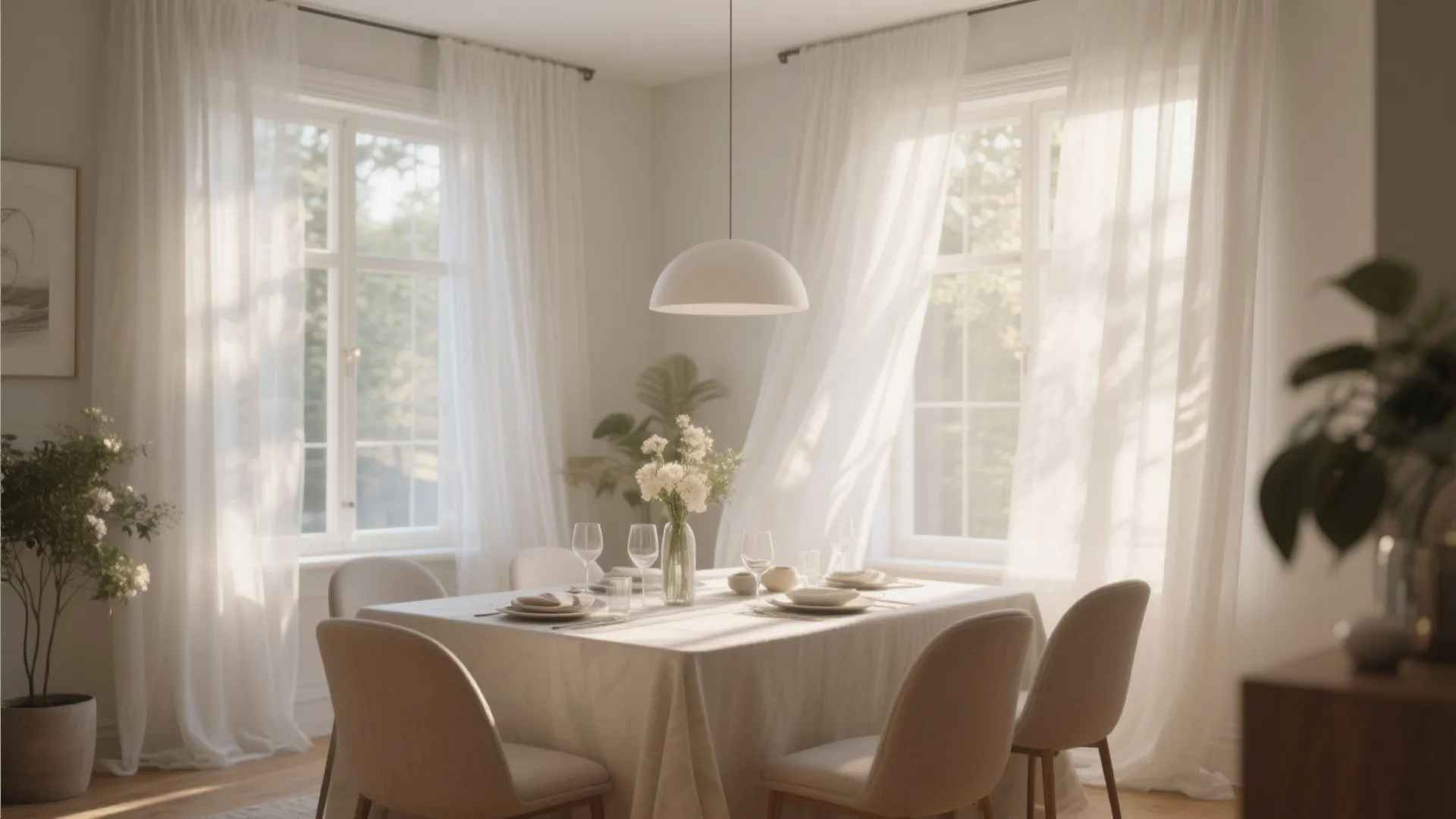 Dining room with soft white sheer curtains and romantic light