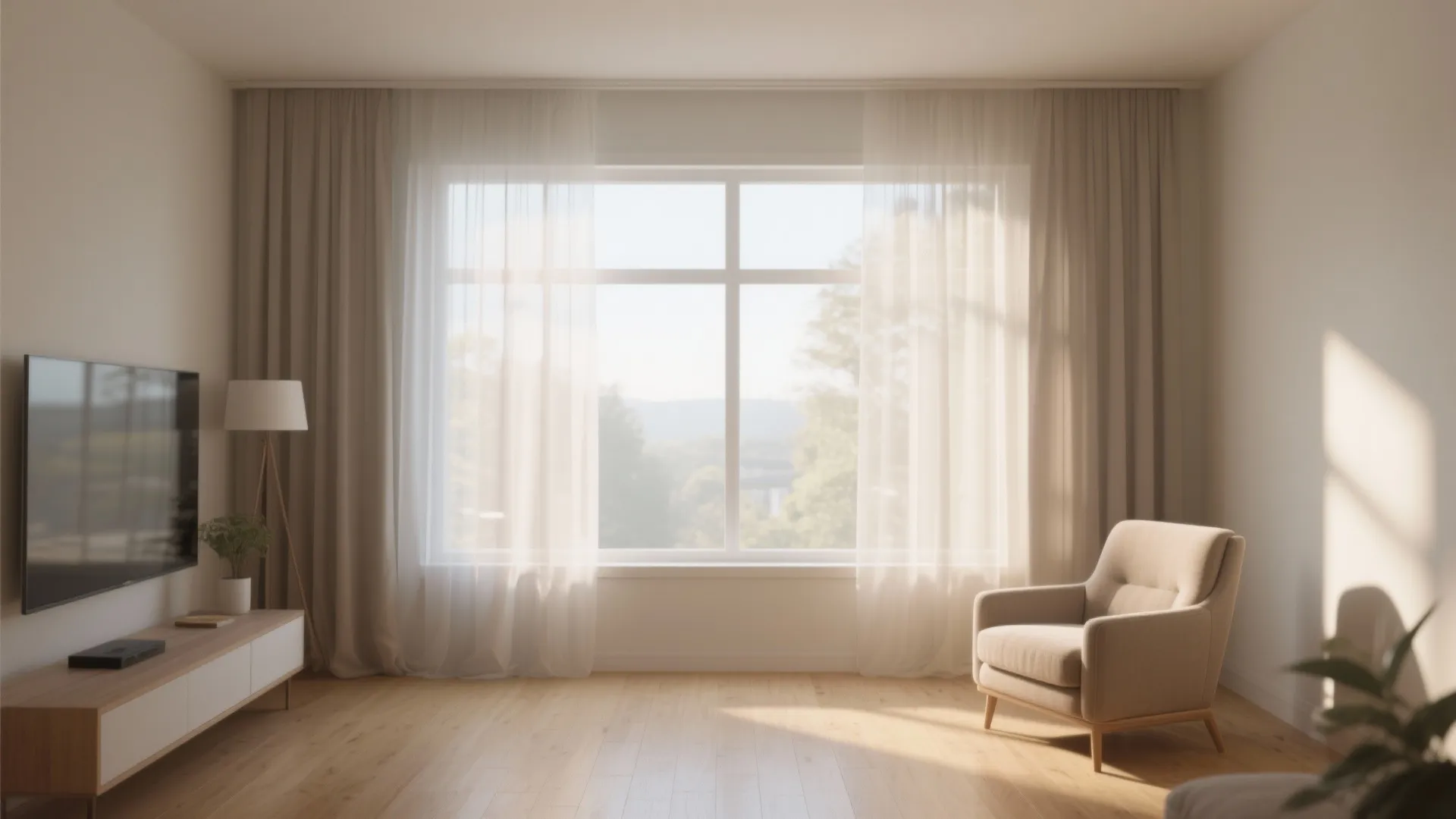 Sheer curtains allow sunlight to fill the living room