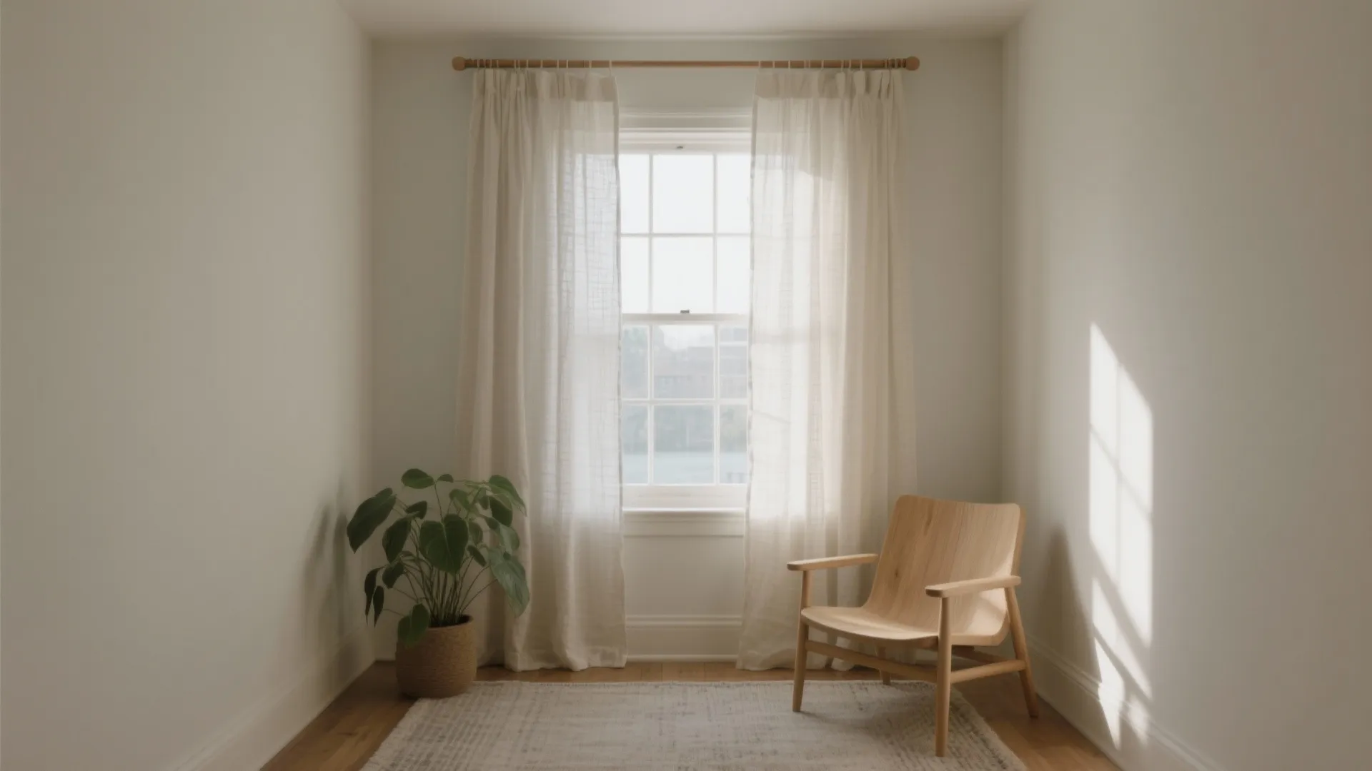 Bright room corner featuring white sheer curtains, wooden chair, green potted plant, and floor rug