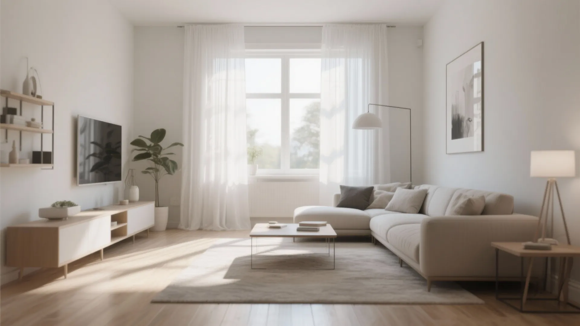 Bright living room with white curtains corner sofa wooden cabinet television and soft natural light