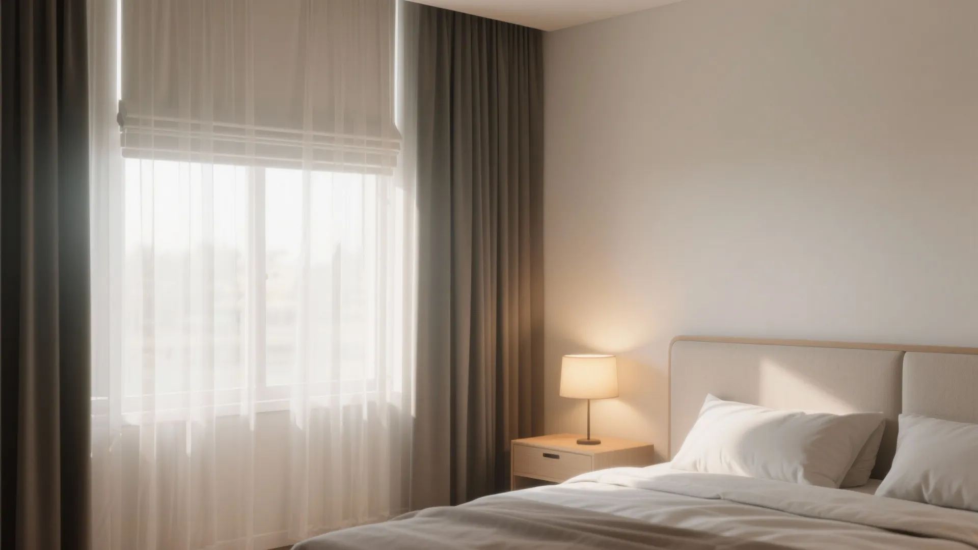 Bright bedroom with sheer white curtains on windows and a small light fixture on nightstand
