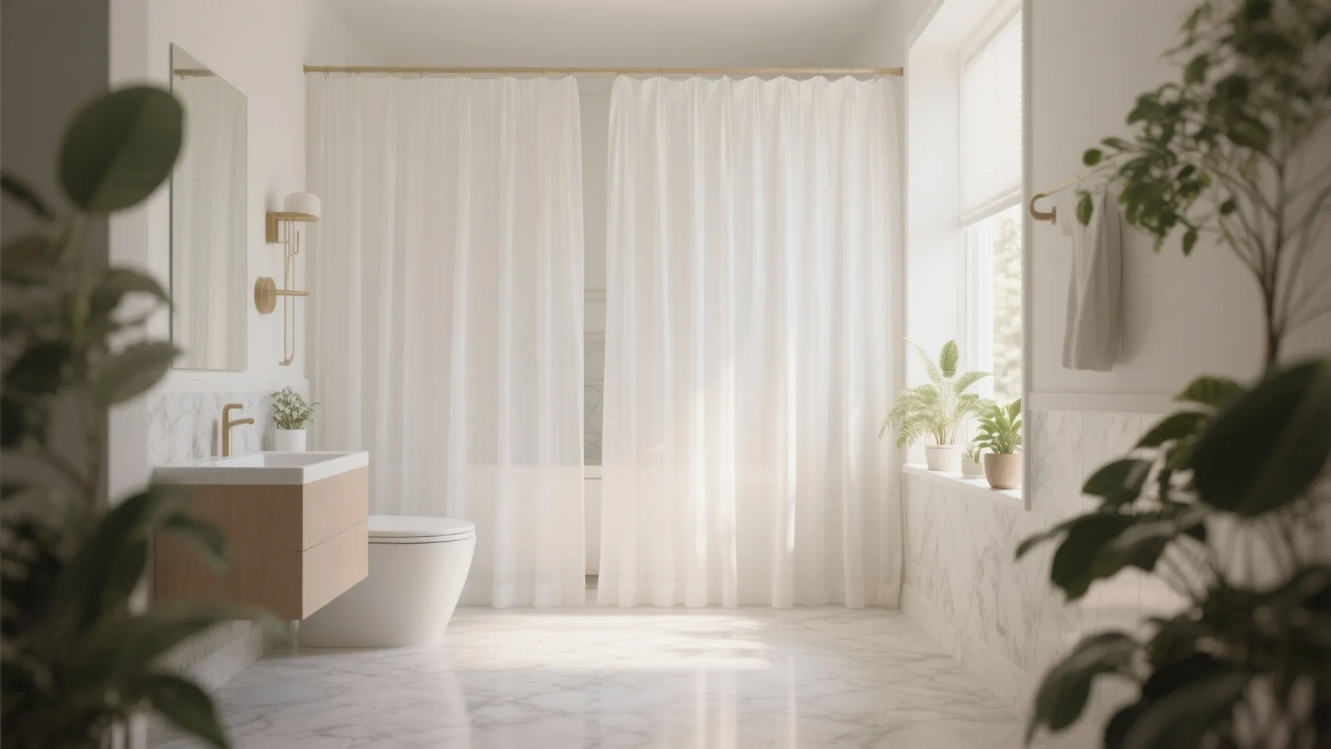 Bright bathroom with white floor curtains near a marble wall sink and green potted plants