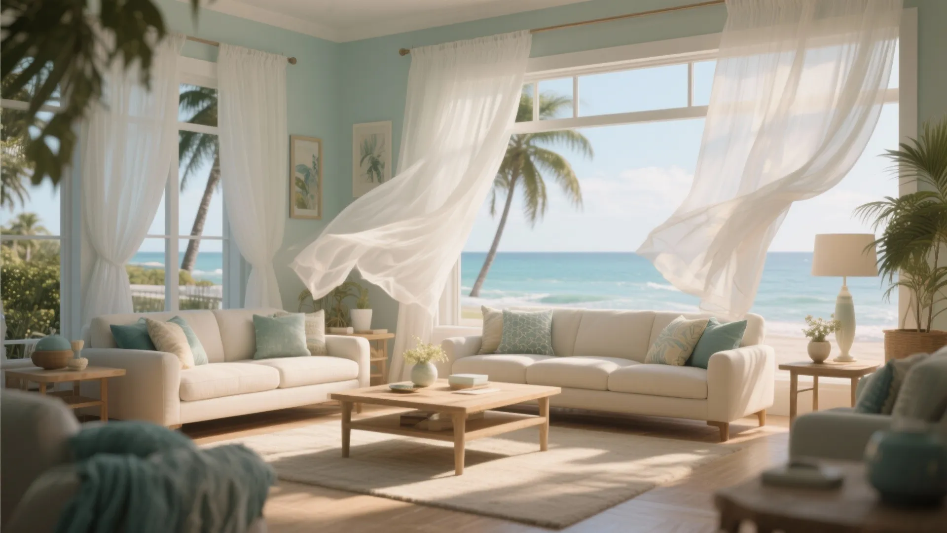 Bright beach house living room with white sofas blowing curtains large windows and ocean view