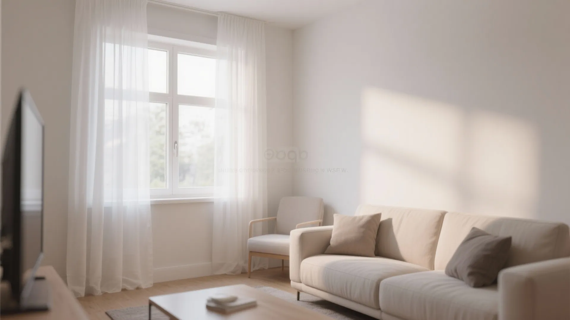 Minimalist living room with white curtains beige sofa and sunlight streaming through a large window
