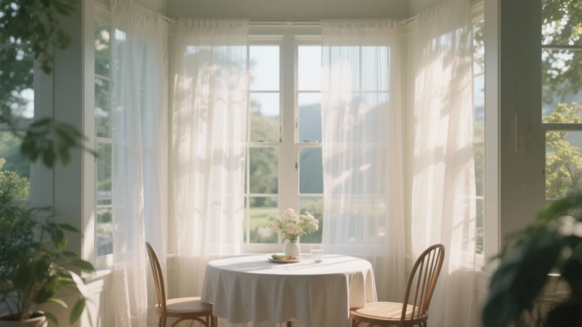 Round white dining table with two chairs white curtain on windows and bright natural morning light