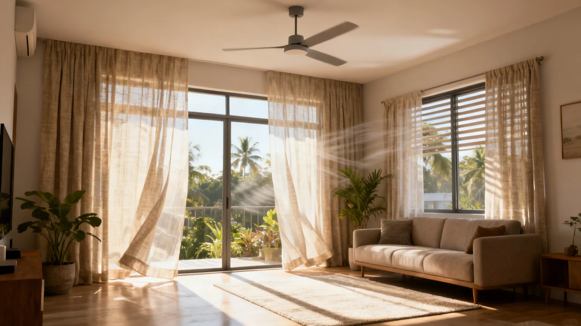 Living room with linen sheer curtains, a slim ceiling fan, and soft filtered daylight for cooling.
