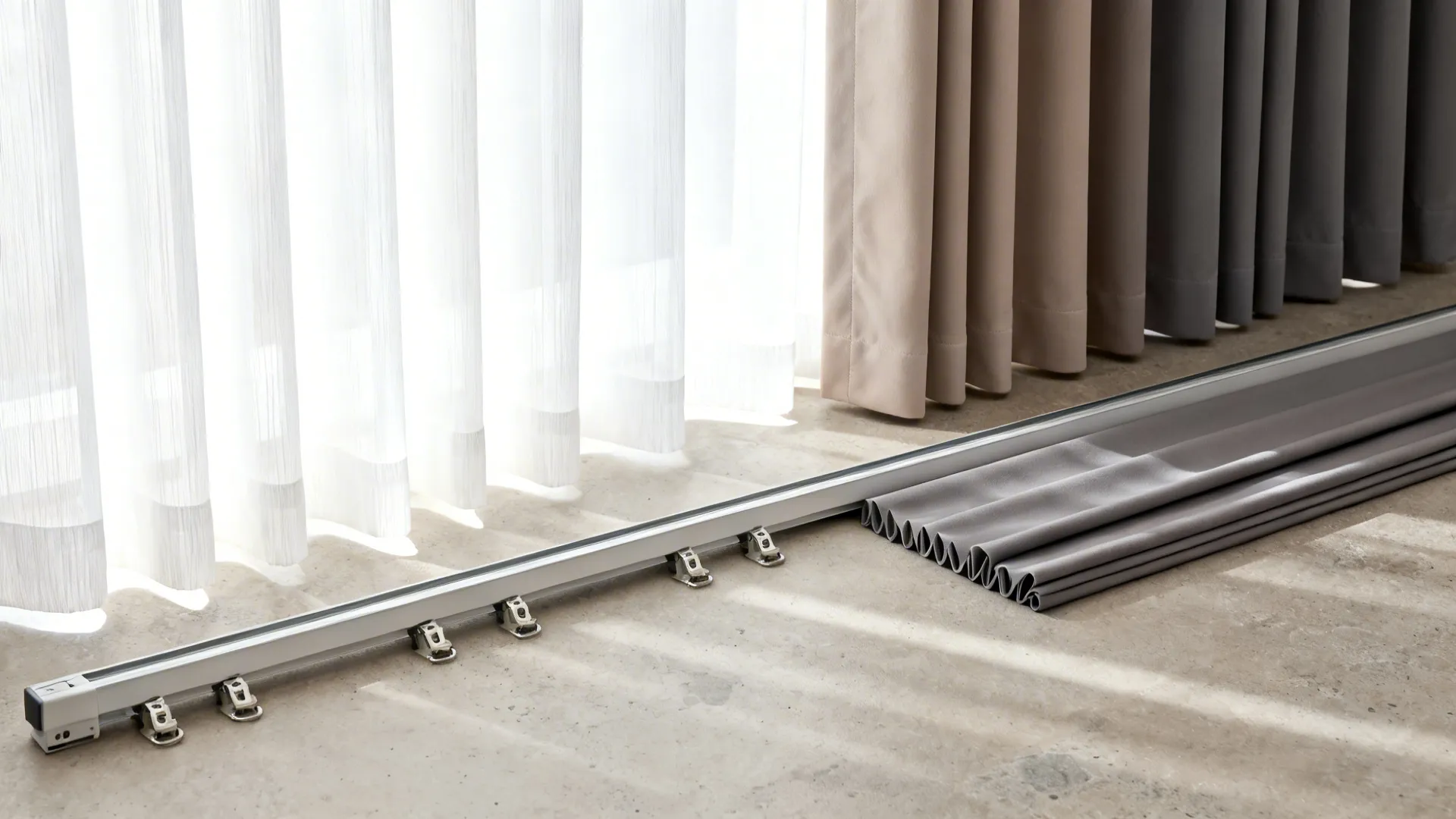 Flatlay of sheer voile and dim-out fabric swatches with dual-track hardware in neutral tones.