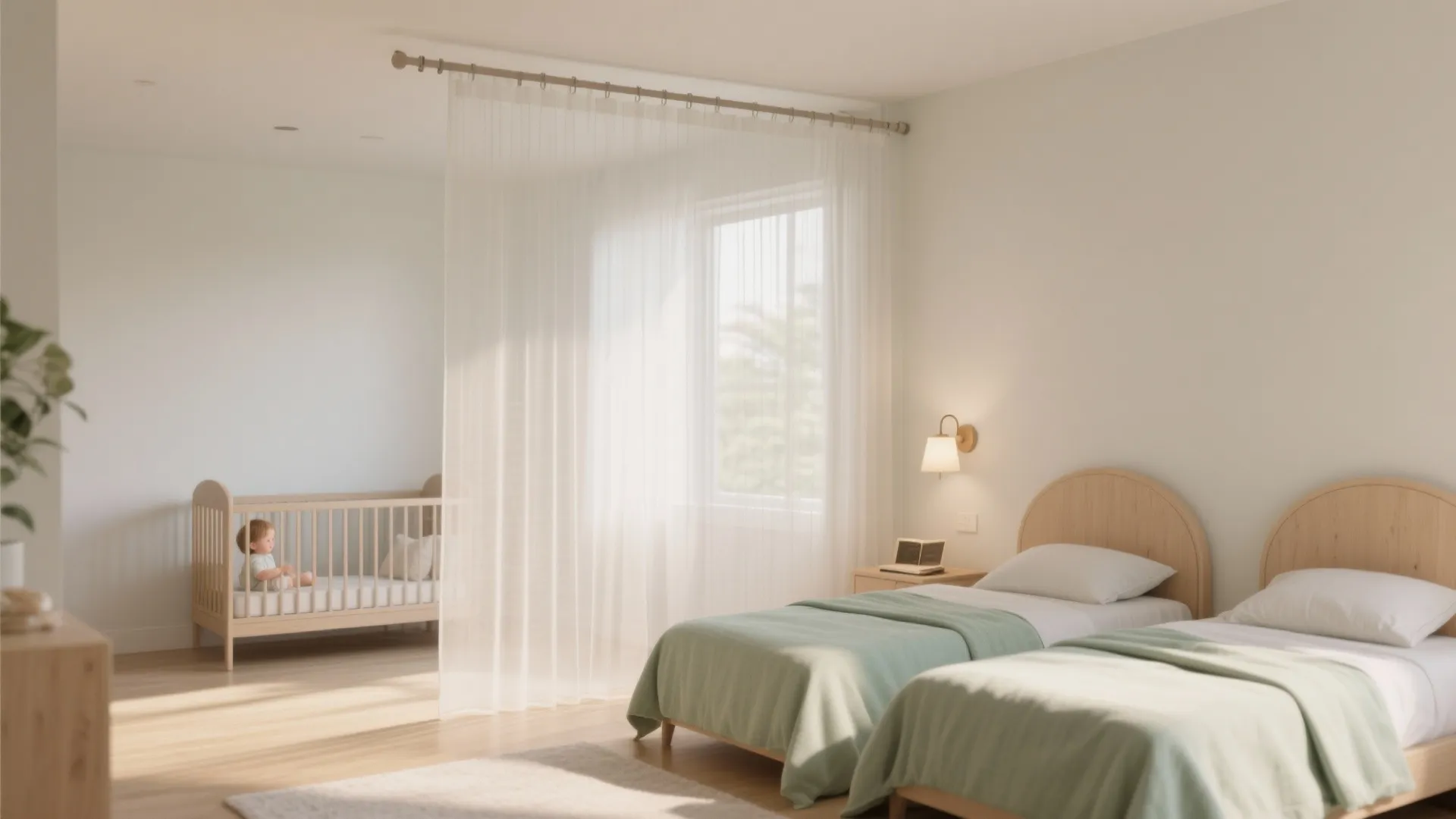 Shared bedroom with two single beds and baby crib separated by a white sheer curtain