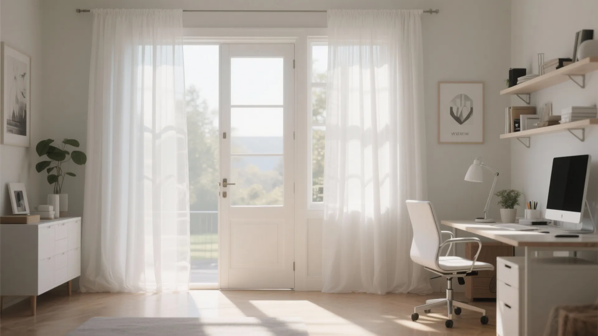 Sheer white curtains on a doorway letting in soft natural sunlight