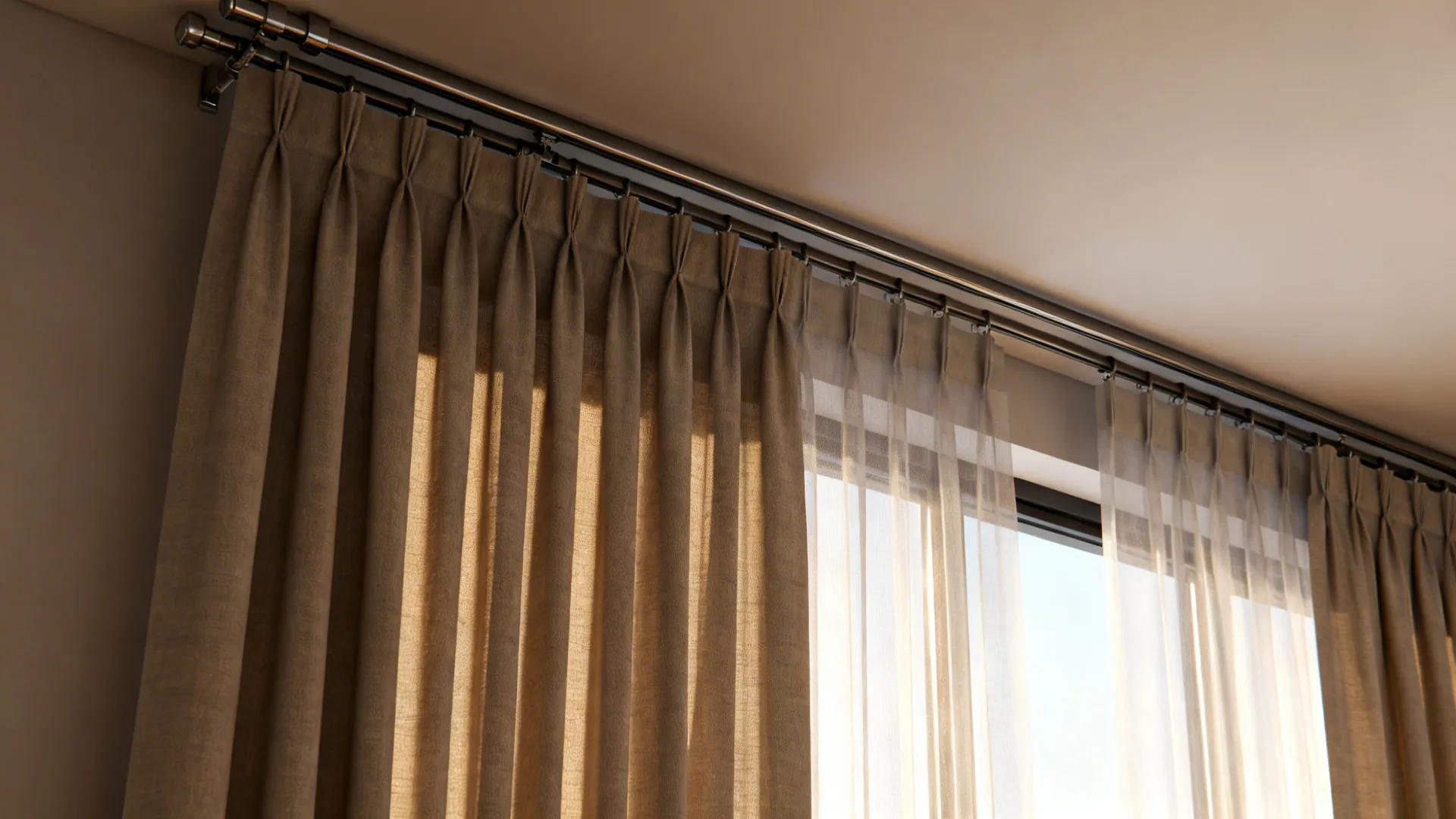 Close-up of sheer layered with heavy drapery on a double ceiling track showing fabric texture.
