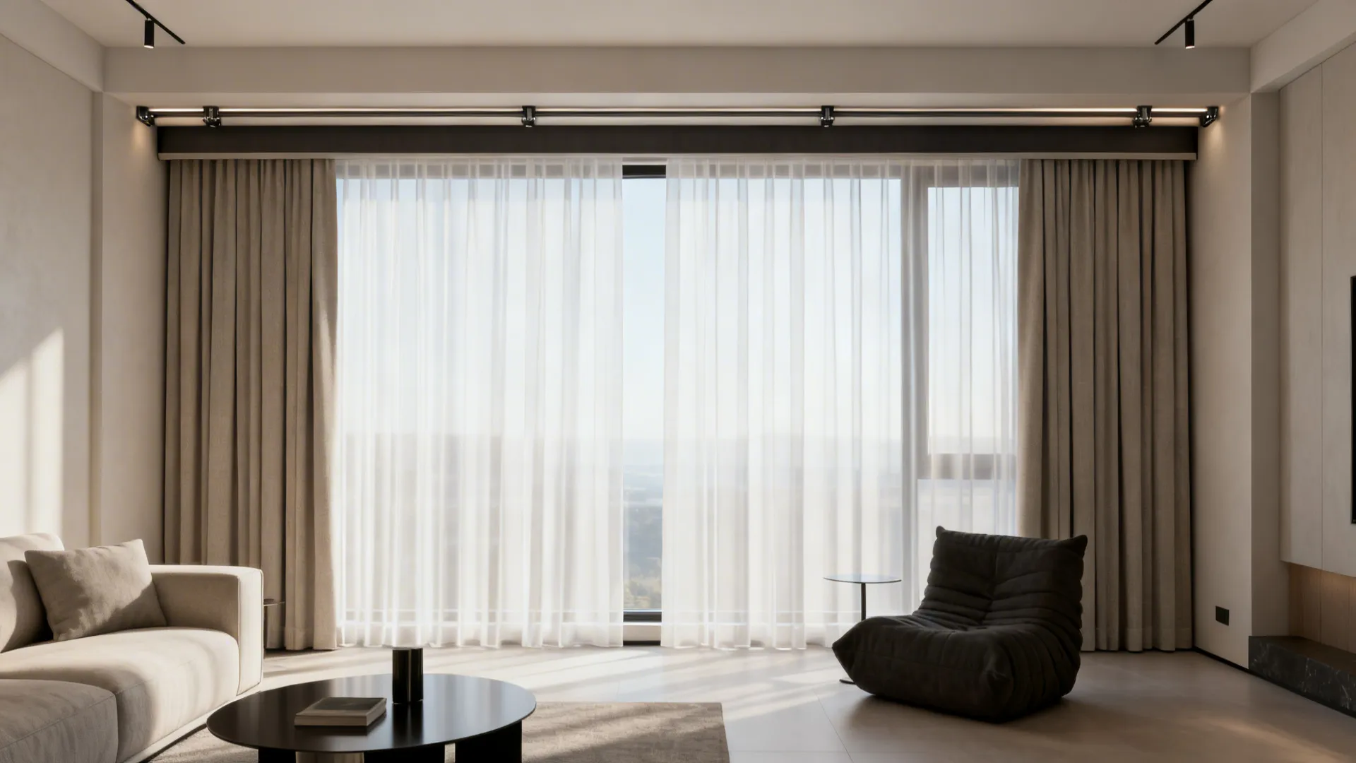 Living room with sheer and blackout layered curtains allowing soft diffused daylight.