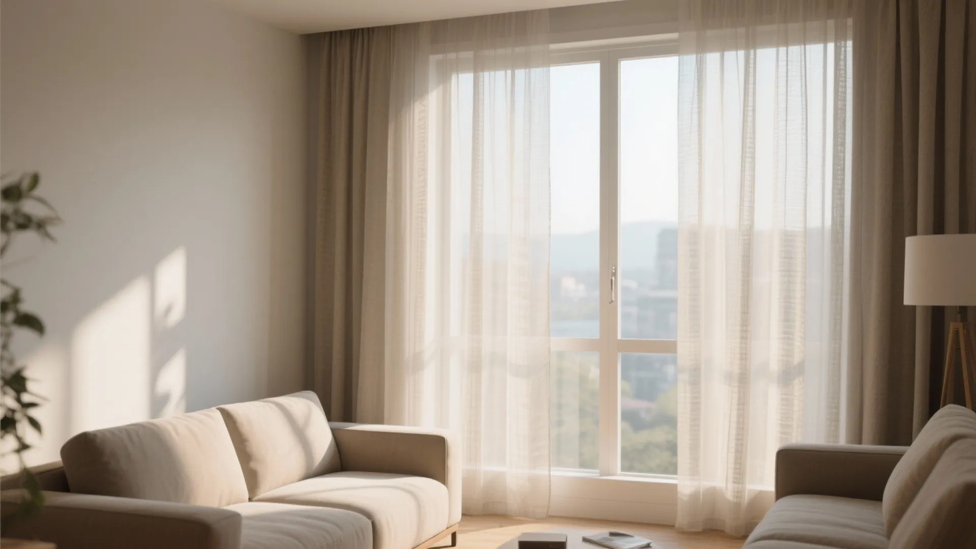 Bright living room with two beige sofas floor lamp and sheer curtains letting in natural sunlight