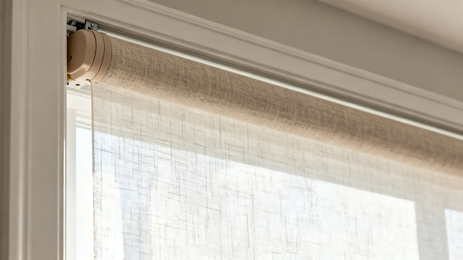Macro of sheer roller shade fabric and a low-profile cassette against trim.